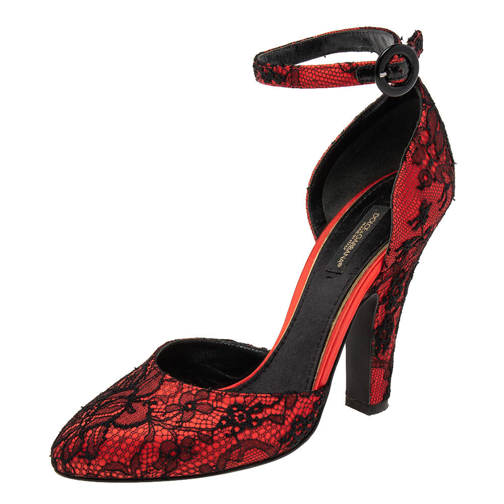 Pre Owned Dolce & Gabbana Black/Red Lace and Satin Ankle-Strap Pumps Size 38