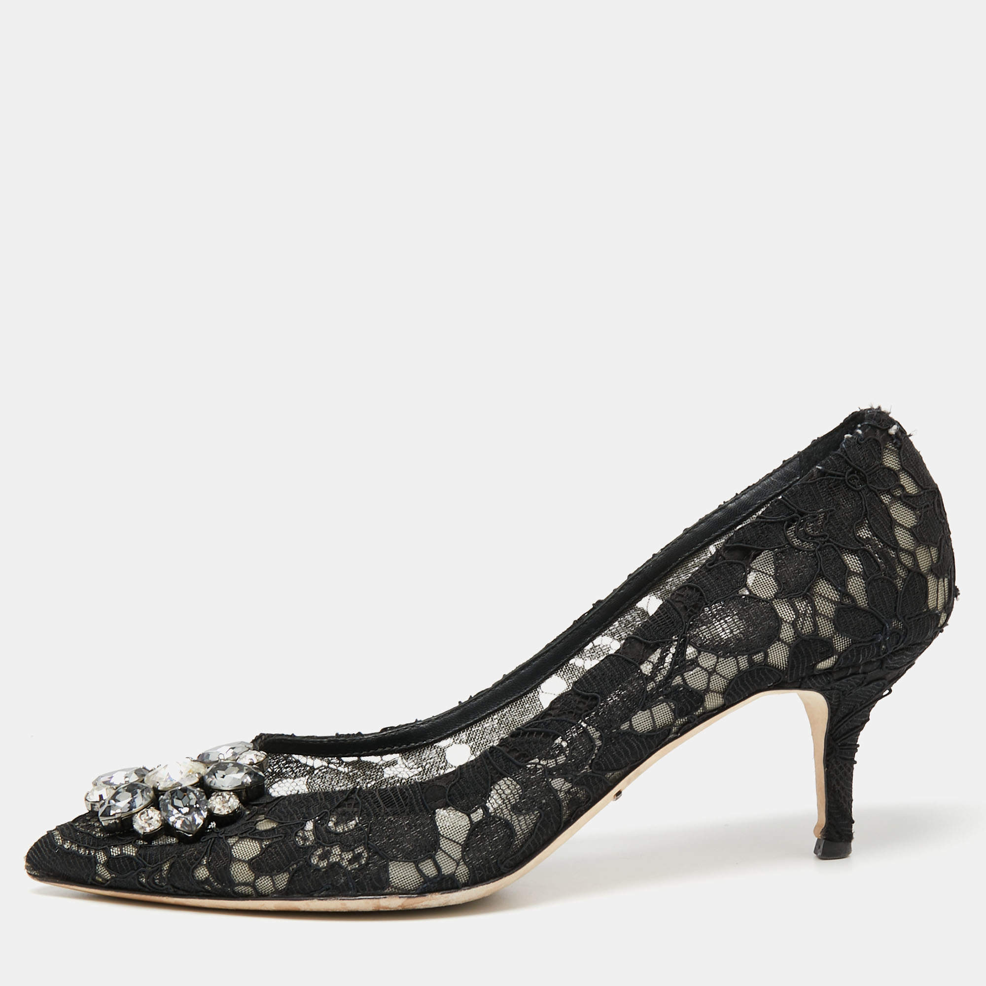 Pre Owned Dolce & Gabbana Black Lace Crystal Embellished Bellucci Pumps Size 40