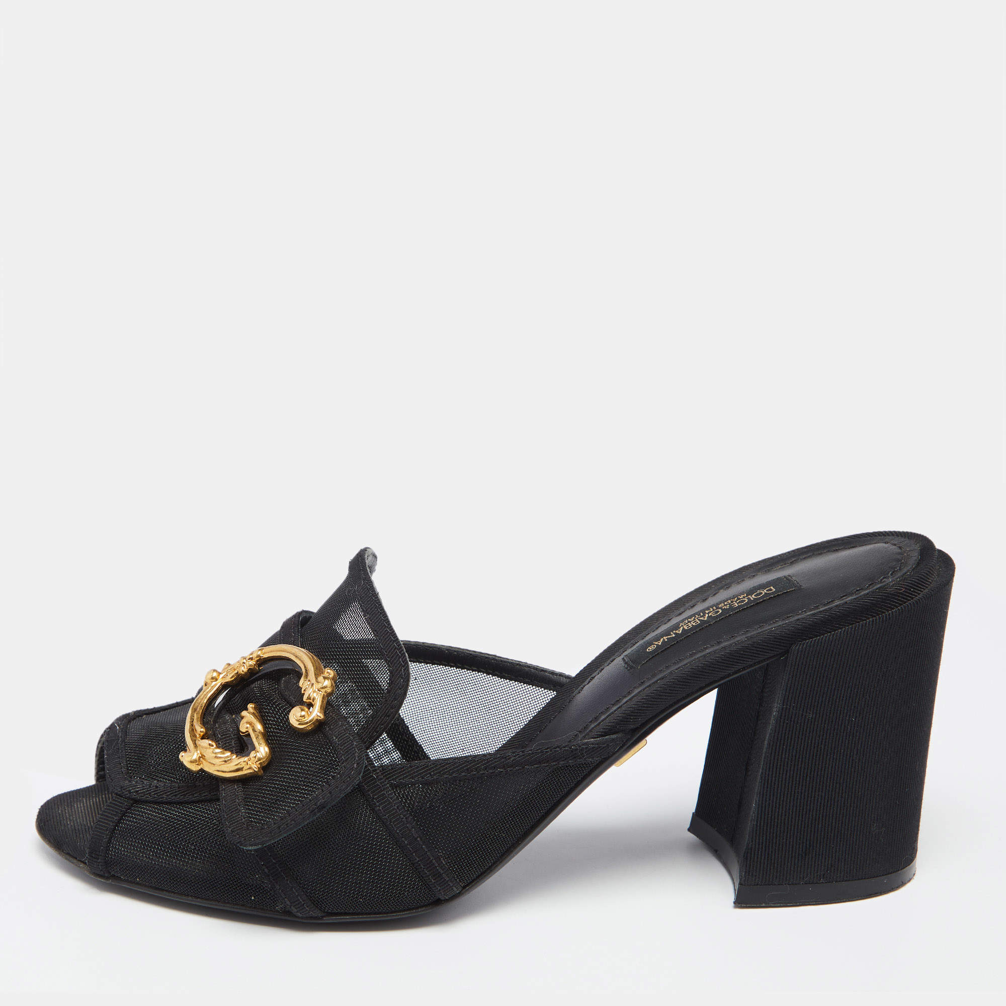 Pre Owned Dolce & Gabbana Black Mesh DG Buckles  Sandals Size 37