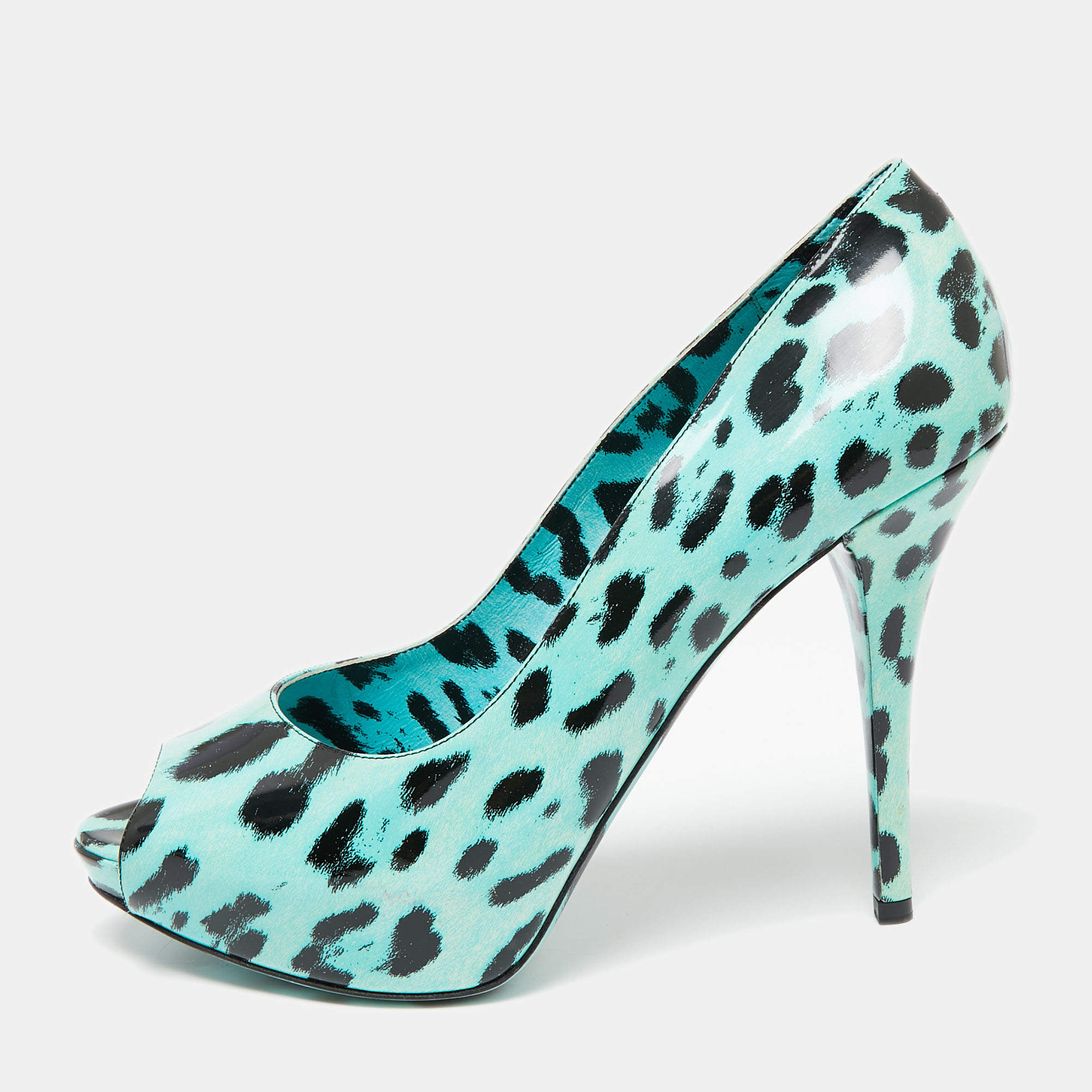 Pre Owned Dolce & Gabbana Blue Leopard Print Patent Leather Peep Toe Platform Pumps Size 41