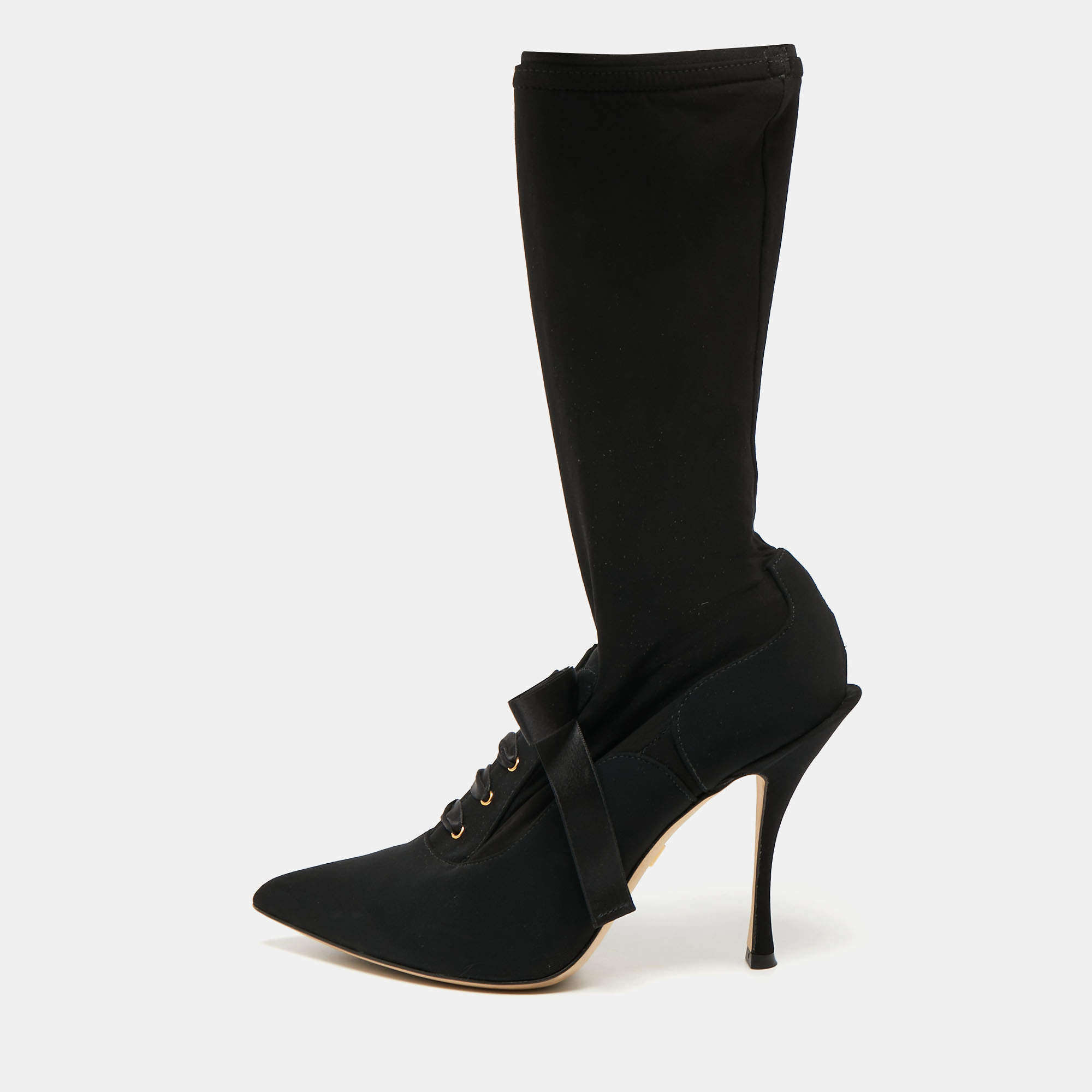 Pre Owned Dolce & Gabbana Black Stretch Fabric Mild Calf Boots Size 37.5