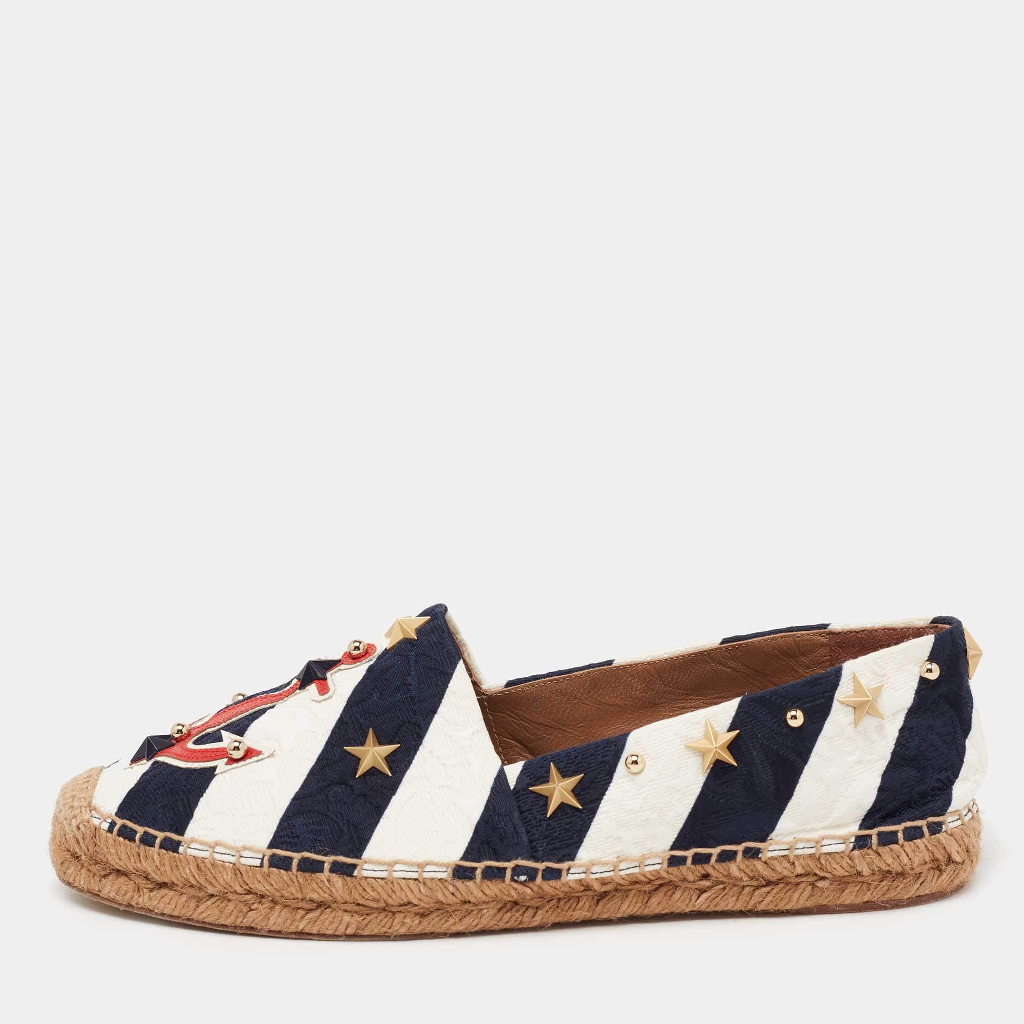 Pre Owned Dolce & Gabbana Navy Blue/White Striped Brocade Fabric Star Studded Anchor Flat Espadrilles Size 40
