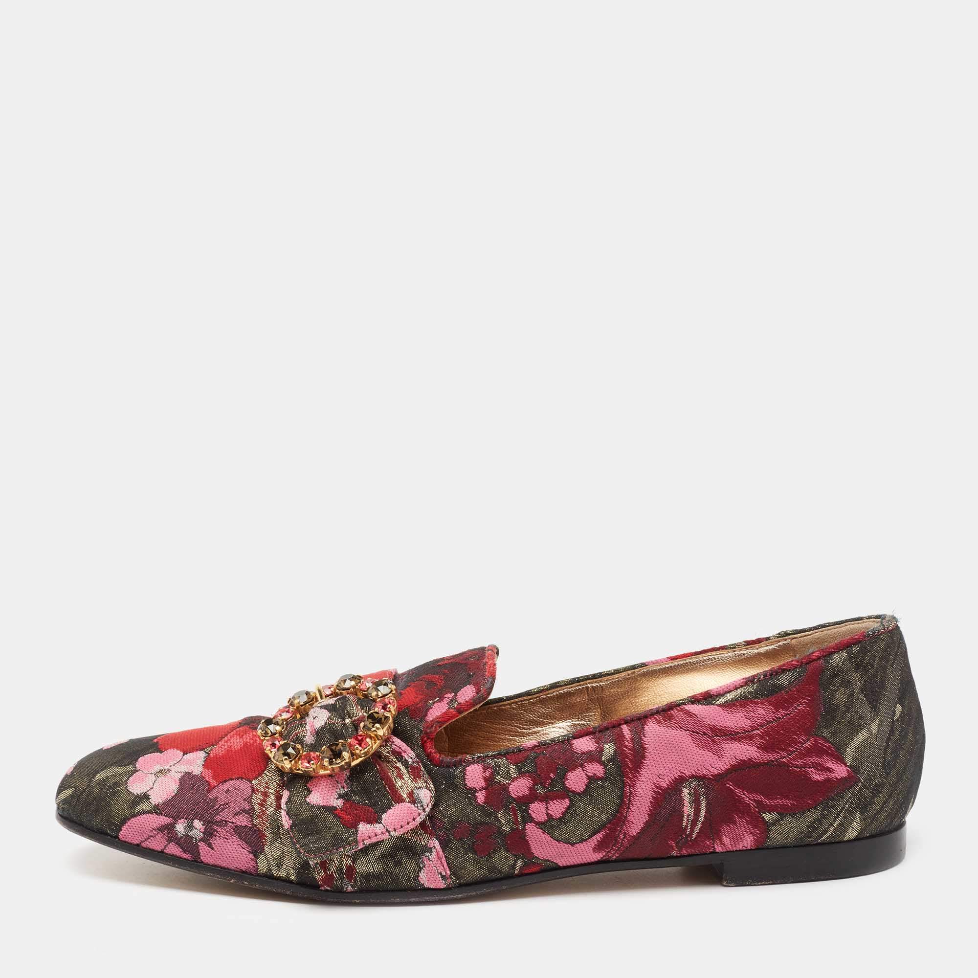Dolce & Gabbana Multicolor Floral Jacquard Fabric Crystal Embellished Buckle Loafers Size 38.5