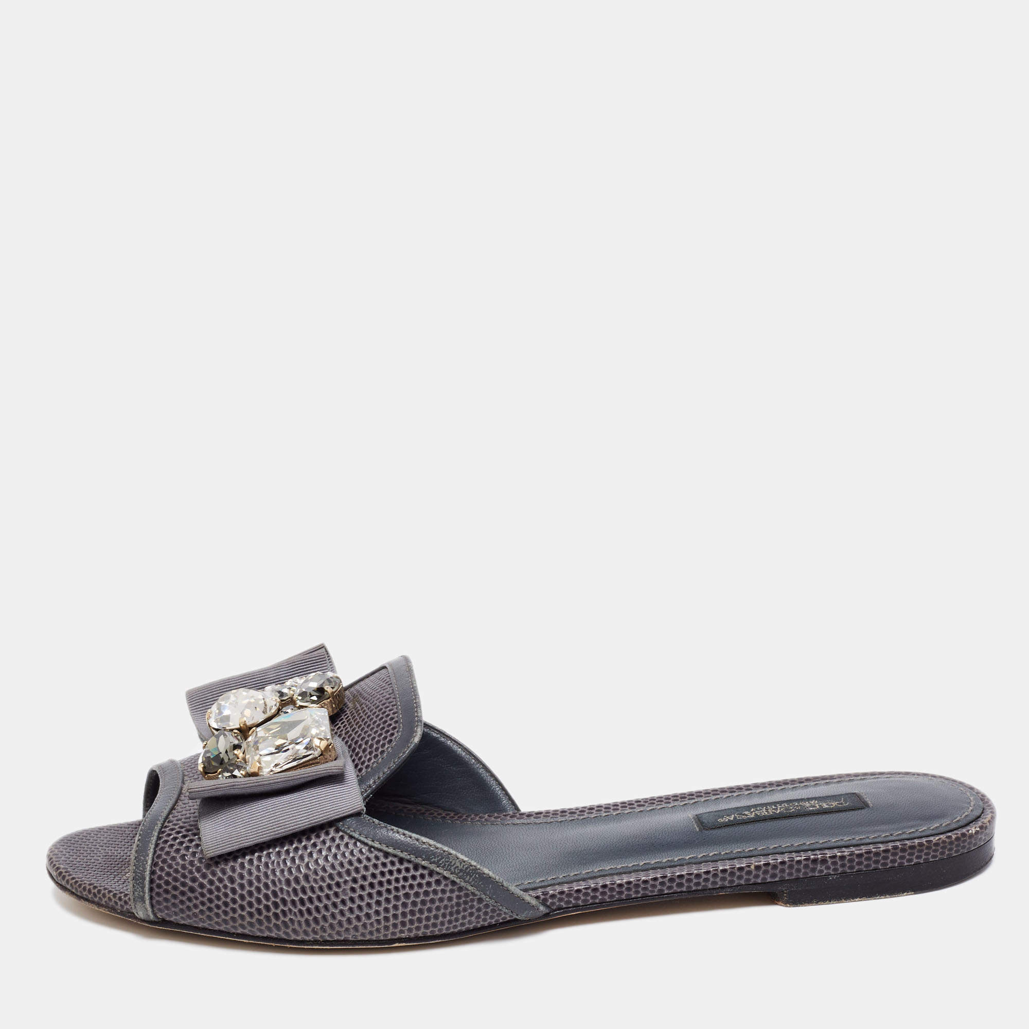 Pre Owned Dolce & Gabbana Grey Lizard Embossed Leather Crystal Embellished Bow Flat Slides Size 38