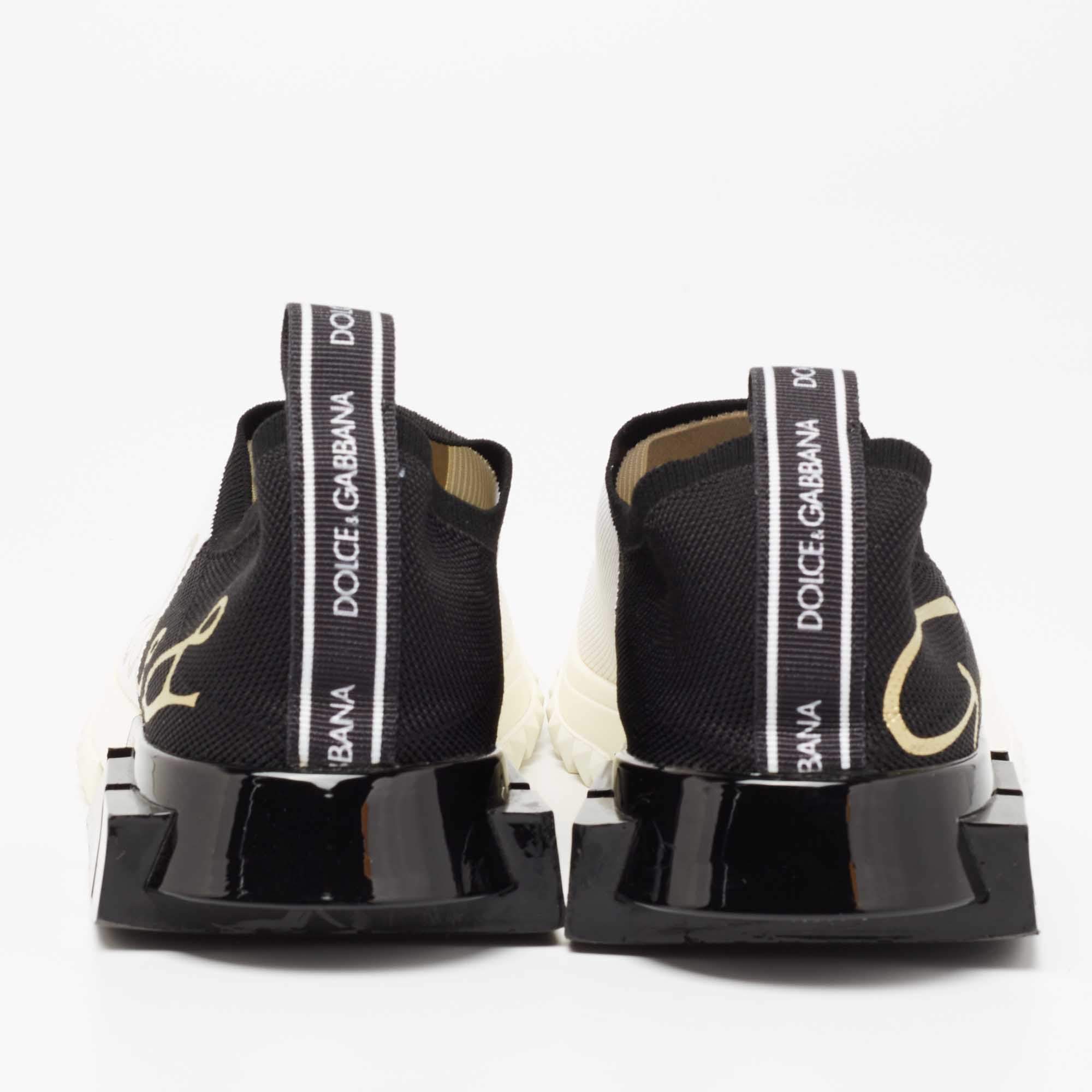 Dolce & Gabbana White/Black Knit Fabric Sorrento Slip-On Sneakers 