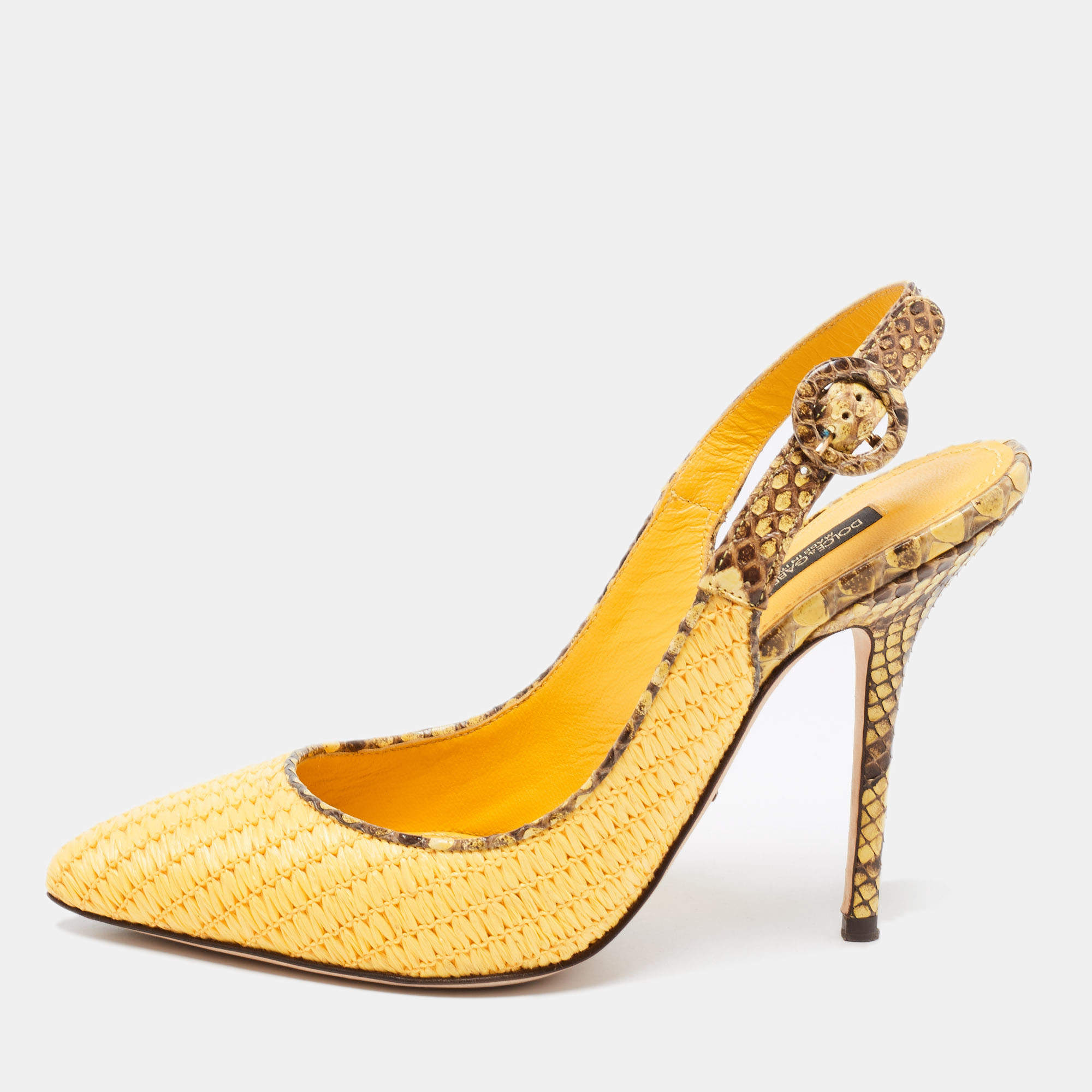 مملوكة مسبقًا Dolce & Gabbana Yellow/Brown Woven Raffia And Python Pointed Toe Slingback Sandals Size 37