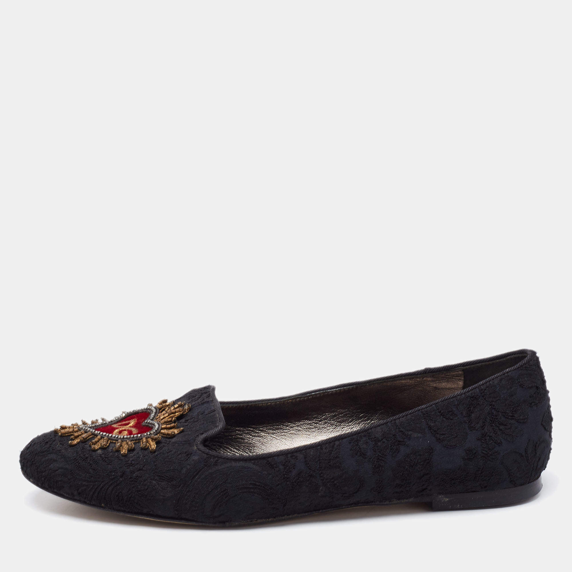 Dolce & Gabbana Black Brocade Fabric Slip on Loafers Size 38