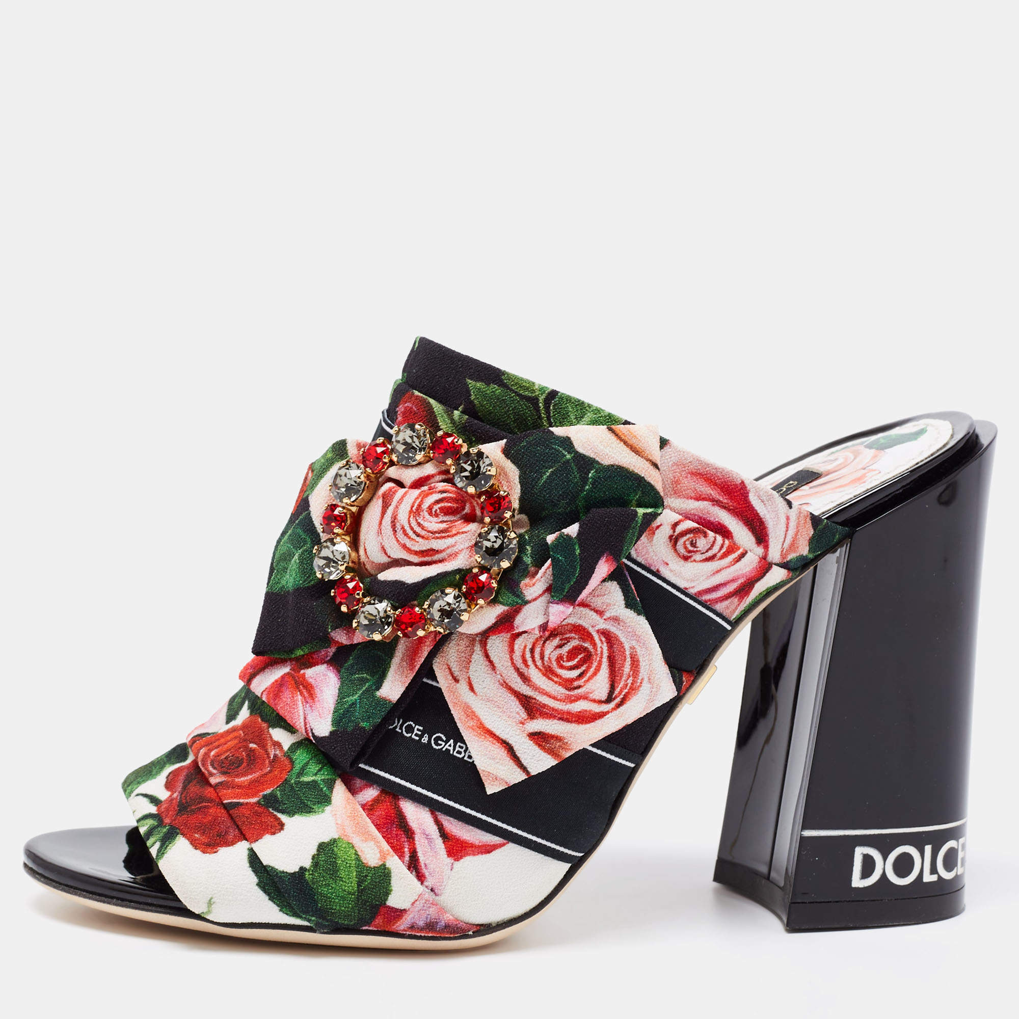 Pre Owned صندل دولتشي أند غابانا قماش مورد مطبوع متعدد الألوان فيونكة مزخرفة كريستال كعب مربع سميك مقاس 36