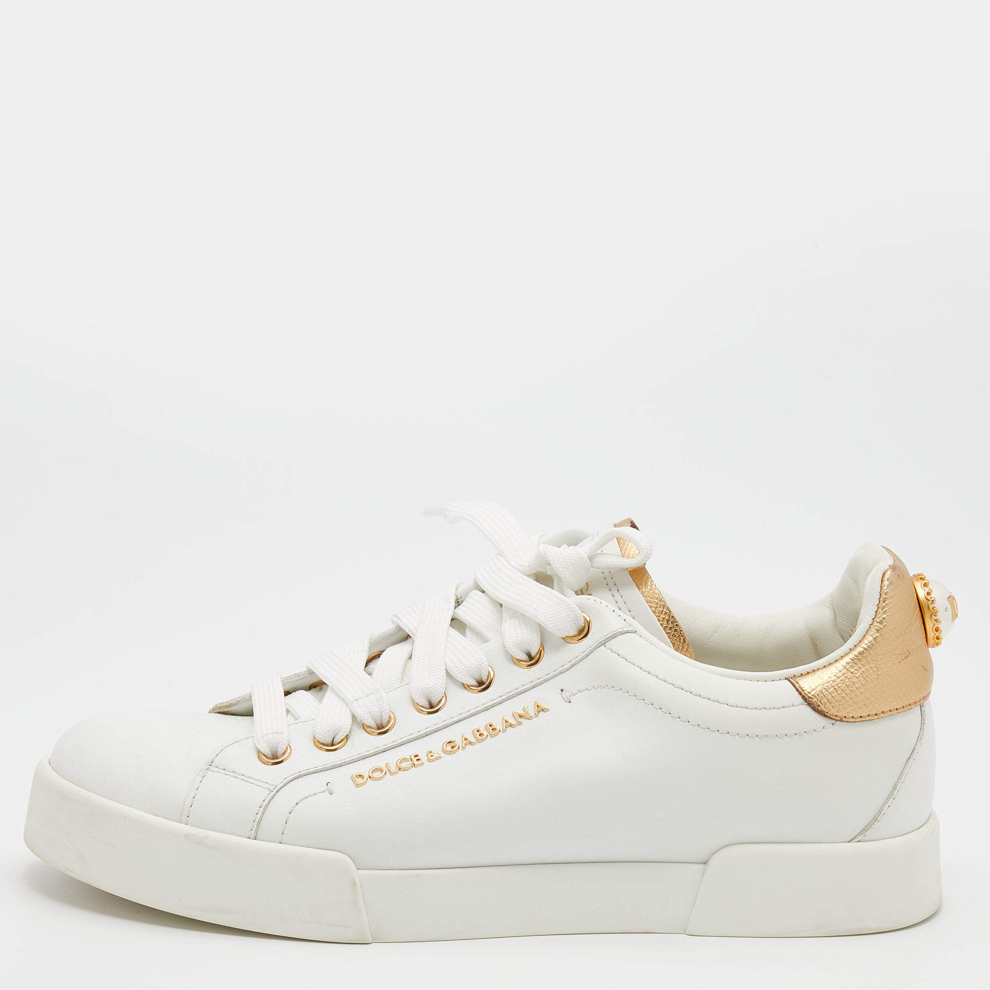 Pre Owned Dolce & Gabbana White/Gold Leather Portofino Embellished Low Top Sneakers Size 38