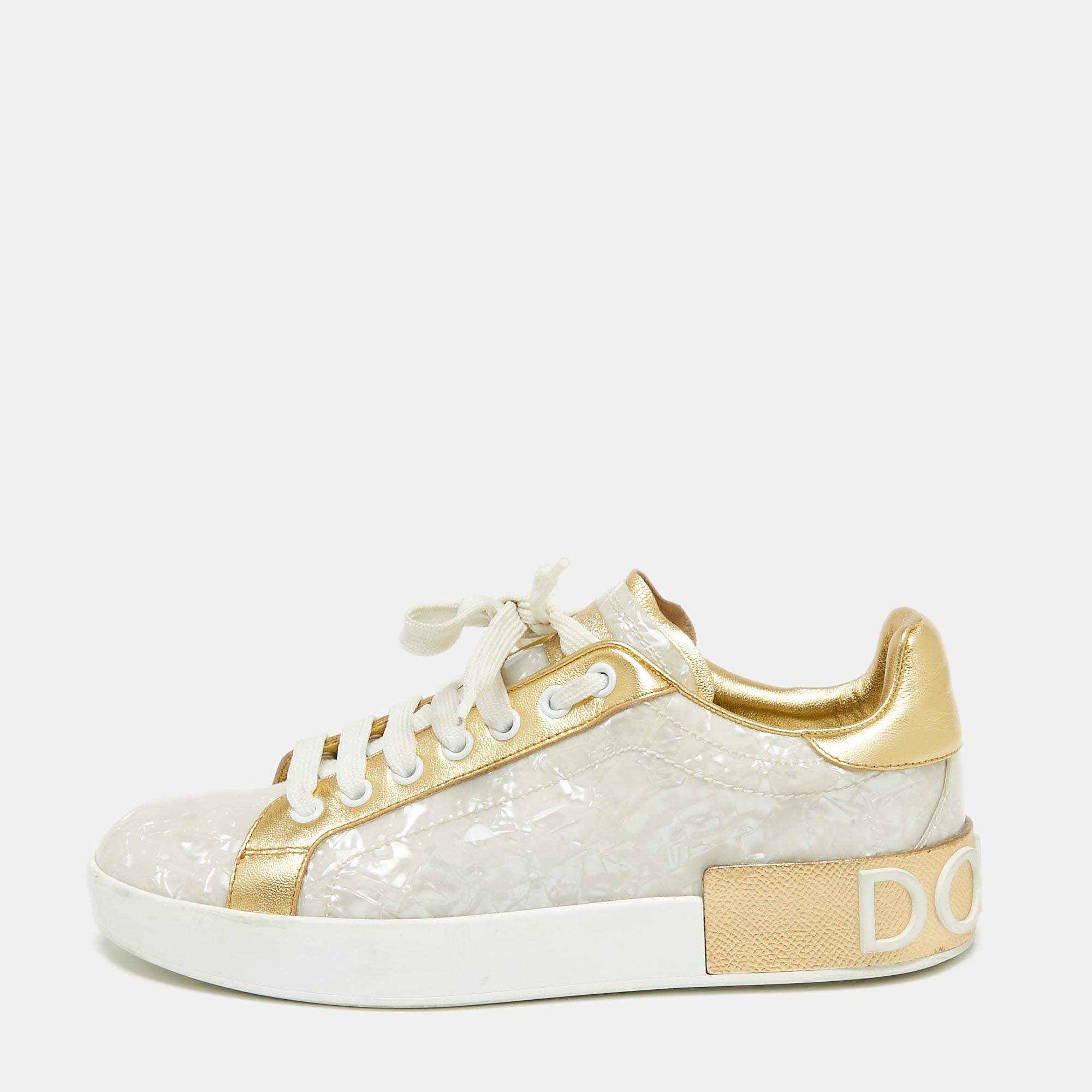 Pre Owned Dolce & Gabbana Gold/White Portofino Leather And PVC  Trainers Low Top Sneakers 38