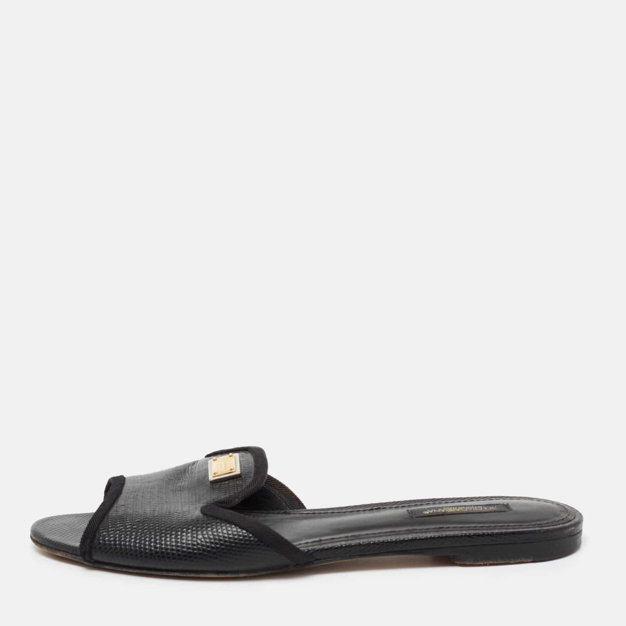 Pre Owned Dolce and Gabbana Black Lizard Embossed Leather Sofia Slide Size 38.5