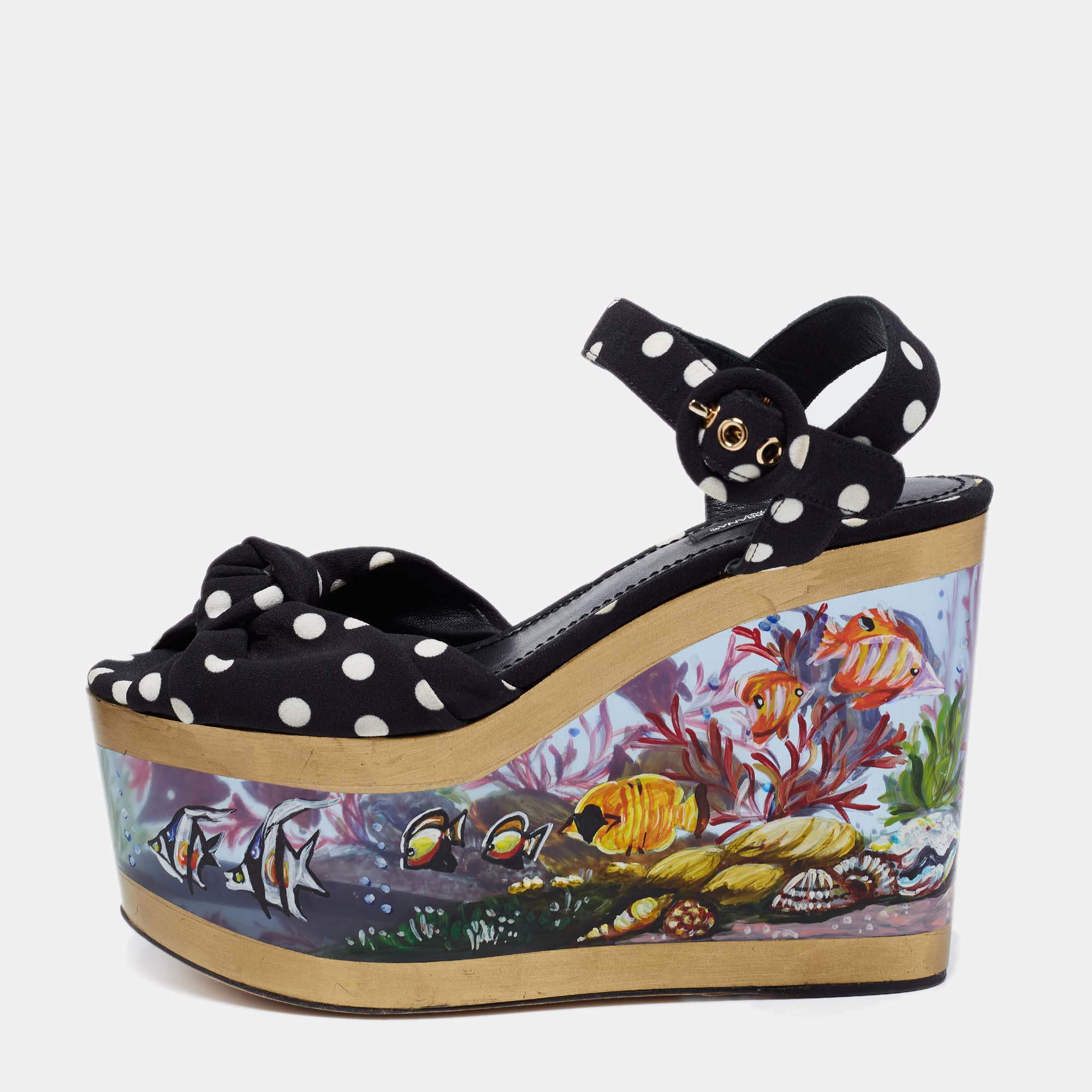 Pre Owned Dolce & Gabbana Black/White Polka Dot Print Fabric Aquarium Print Wedge Platform Sandals Size 38