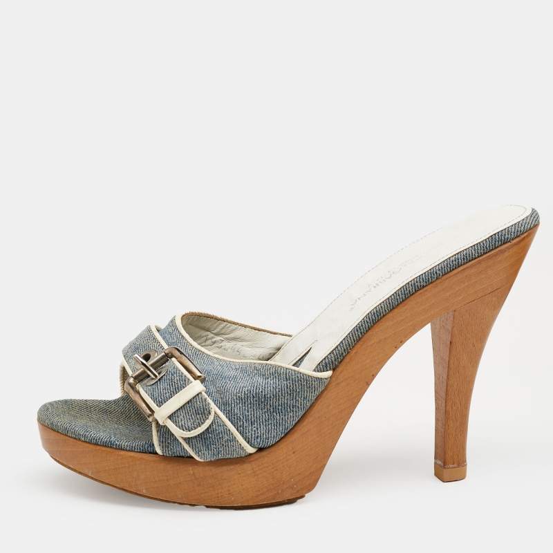 Dolce & Gabbana Blue Denim And Leather Trims Buckle Detail Open Toe Platform Slide Sandals Size 40