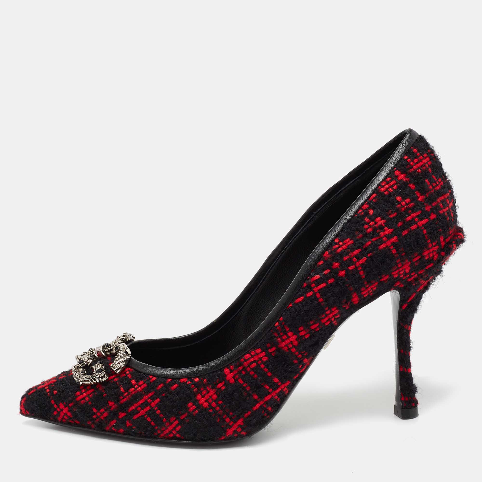 Pre Owned Dolce & Gabbana Red/Black Tweed DG Amore Pumps Size 39