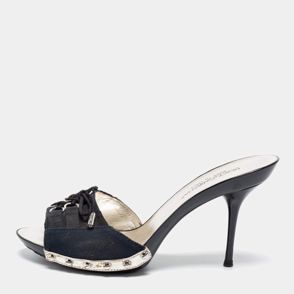 Pre Owned Dolce & Gabbana Navy Blue/Black Canvas Slide Sandals Size 39
