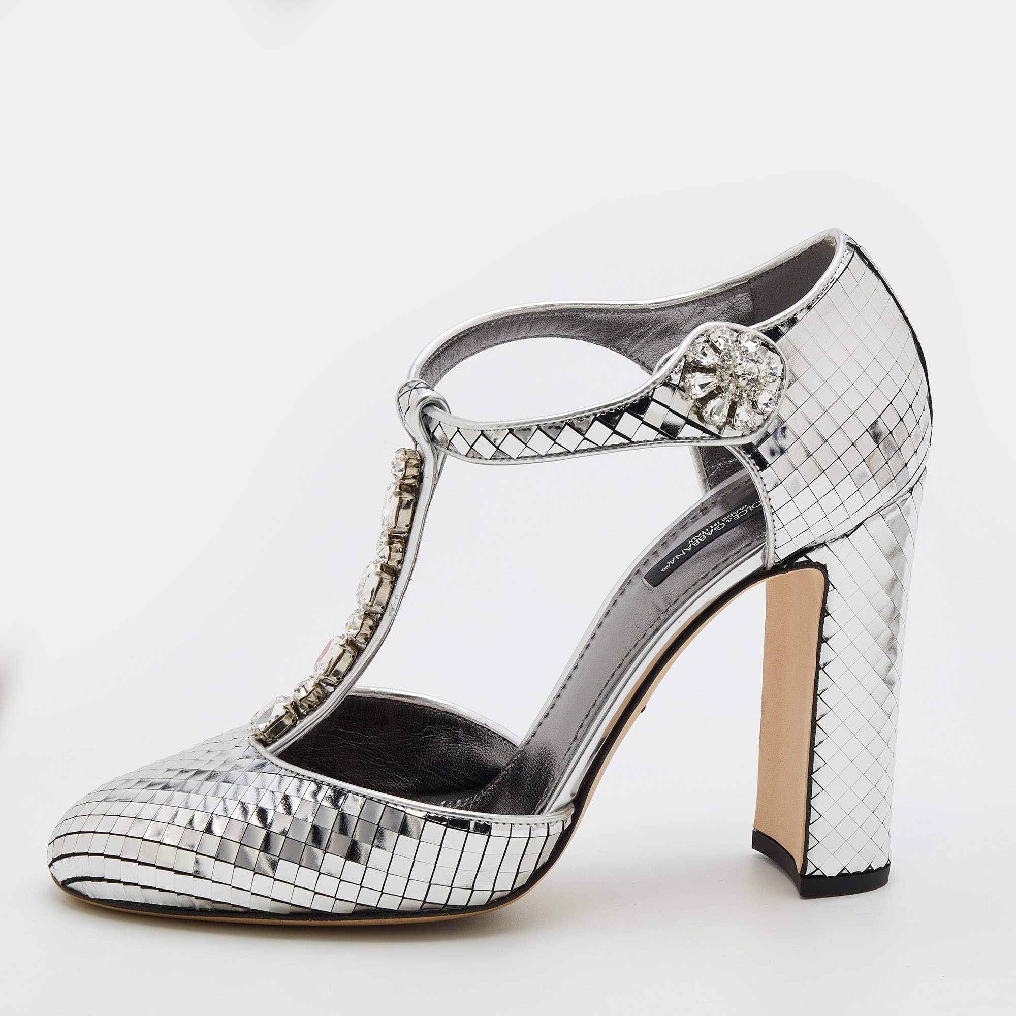 Pre Owned Dolce & Gabbana Metallic Silver Textured Leather Embellished T Strap Pumps Size 39.5