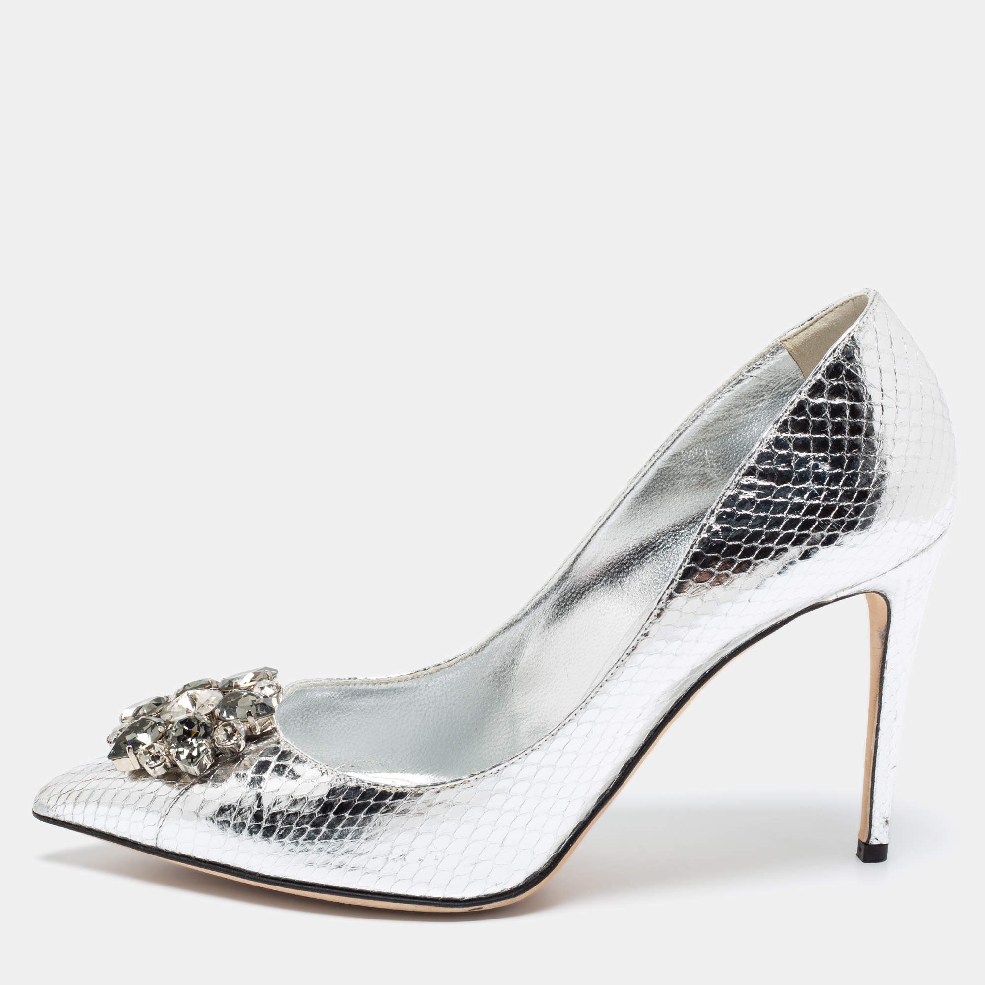 Pre Owned Dolce & Gabbana Silver Snake Embossed Leather Crystal Embellishments Pointed-Toe Pumps Size 40