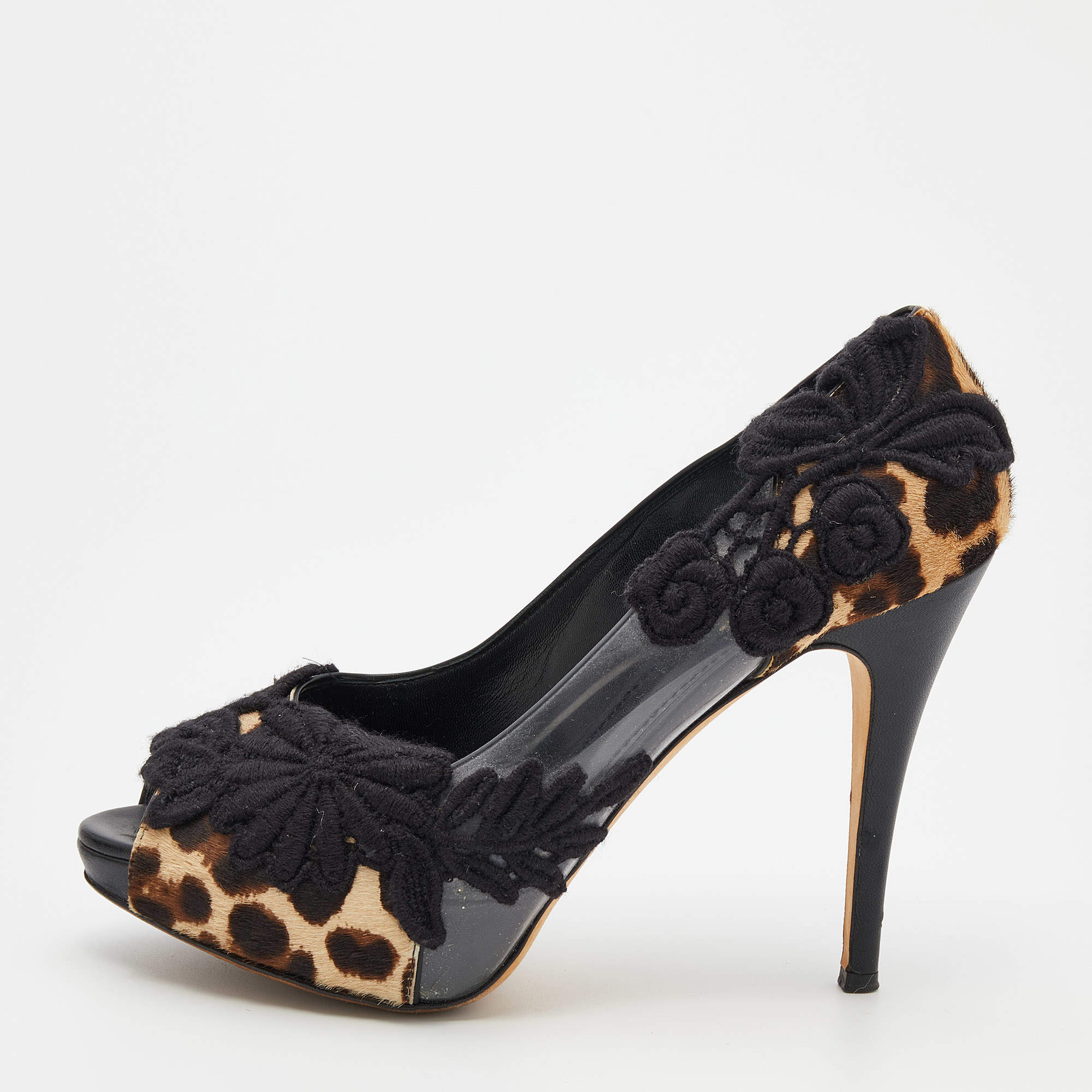 Pre Owned Dolce & Gabbana Black/Brown Leopard Print Calf Hair And PVC Floral Embroidered Peep Toe Pumps Size 39