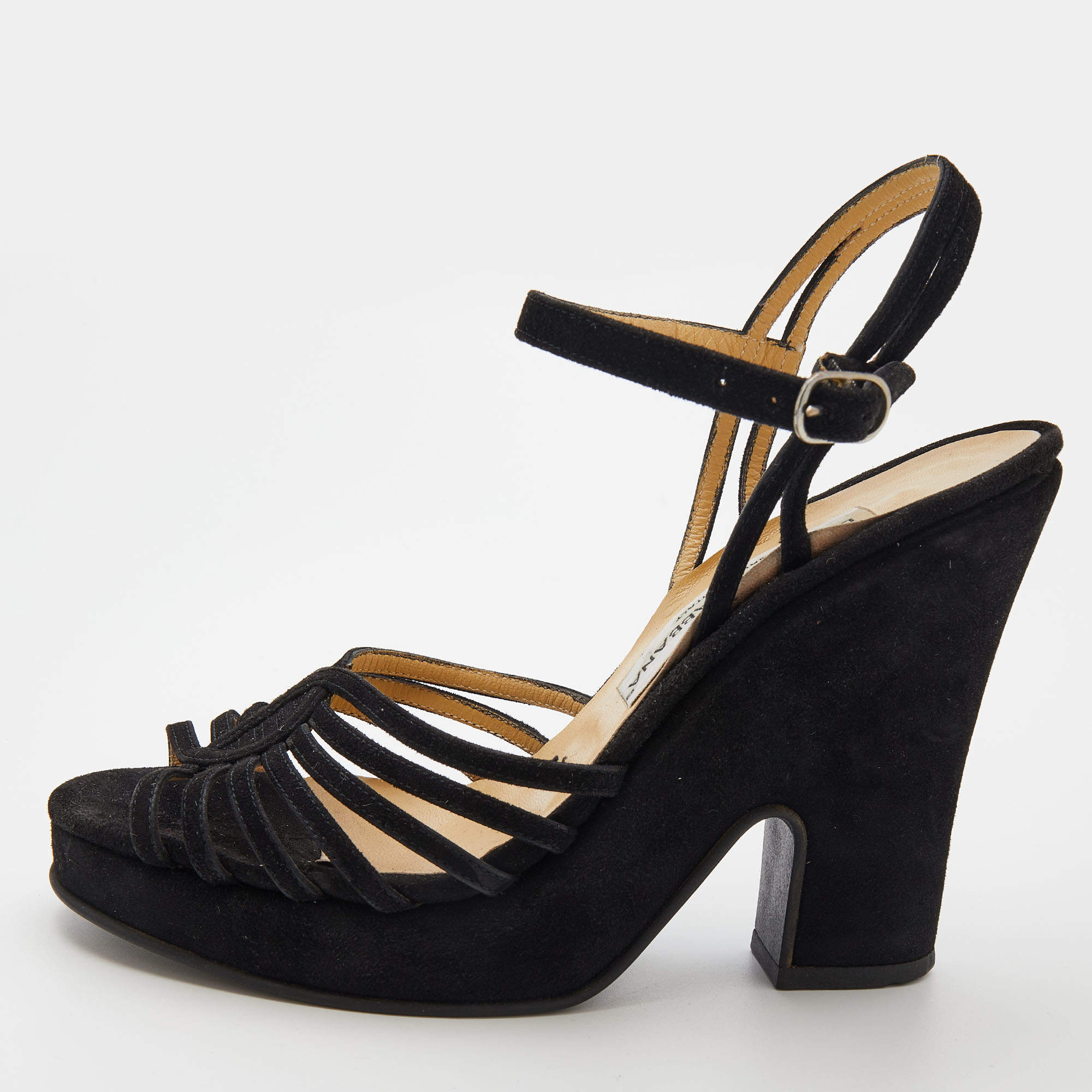 Dolce & Gabbana Black Suede Ankle Strap Wedge Sandals Size 38.5