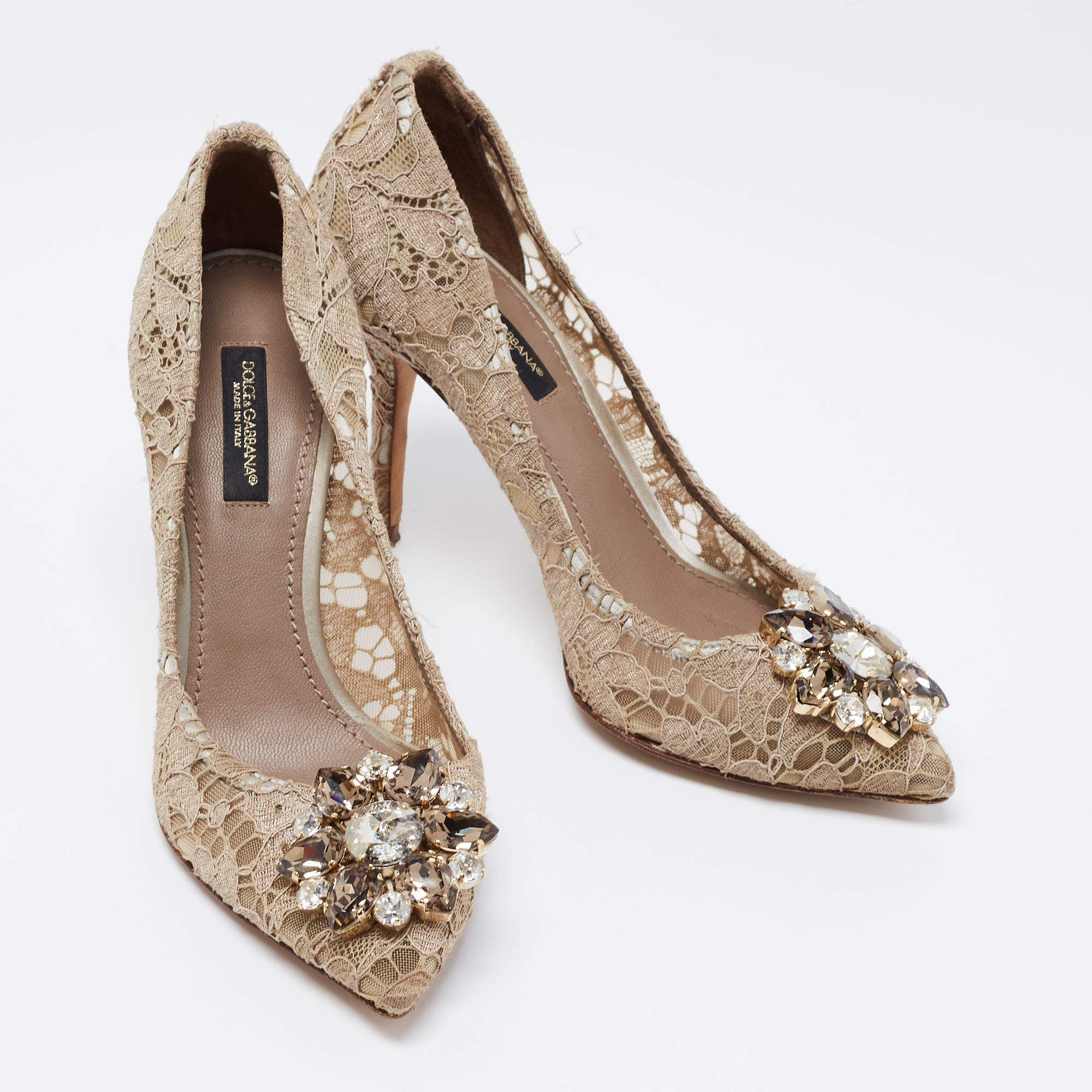 Pre Owned Dolce & Gabbana Taupe Lace Crystal Embellished Bellucci Pumps Size 35.5