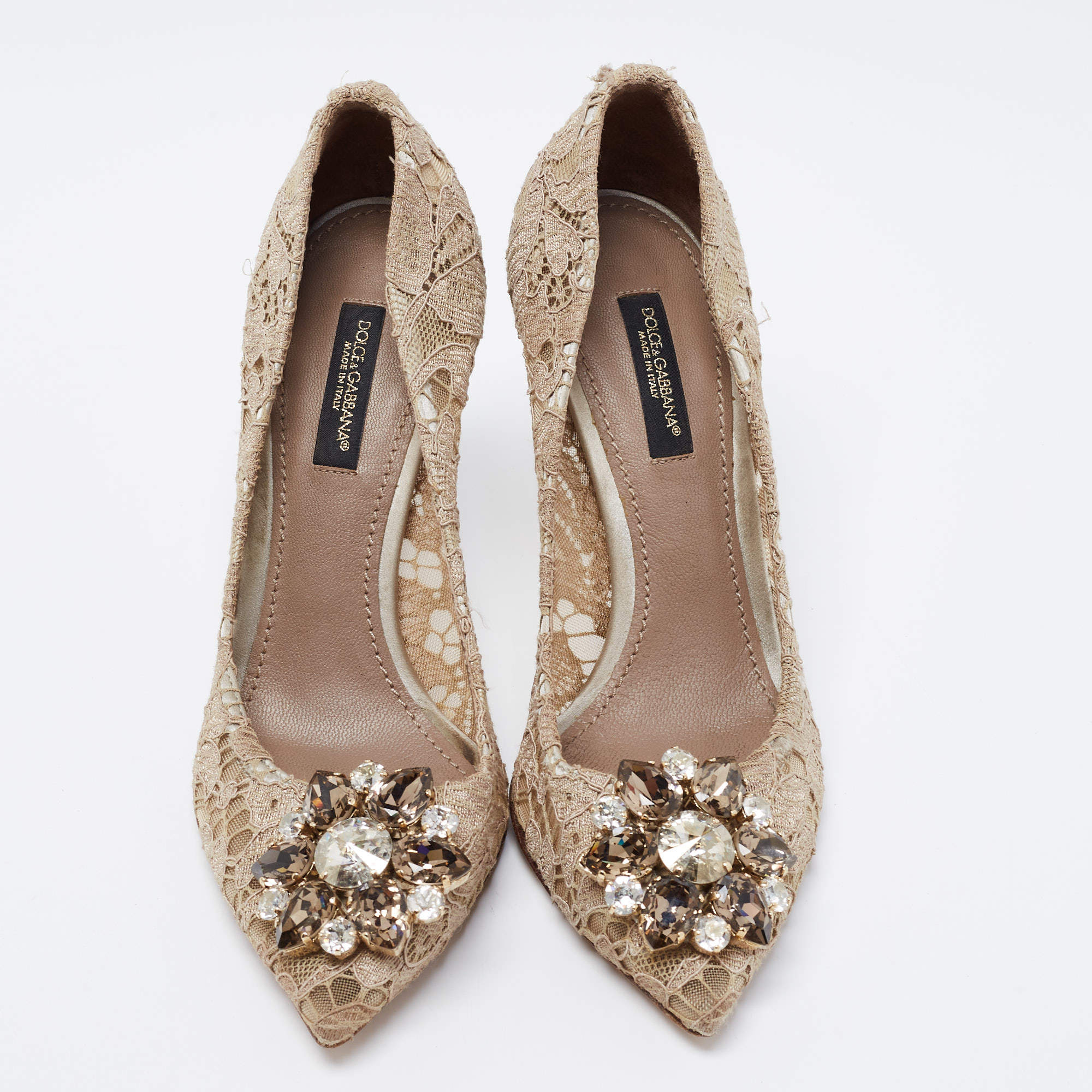 Pre Owned Dolce & Gabbana Taupe Lace Crystal Embellished Bellucci Pumps Size 35.5