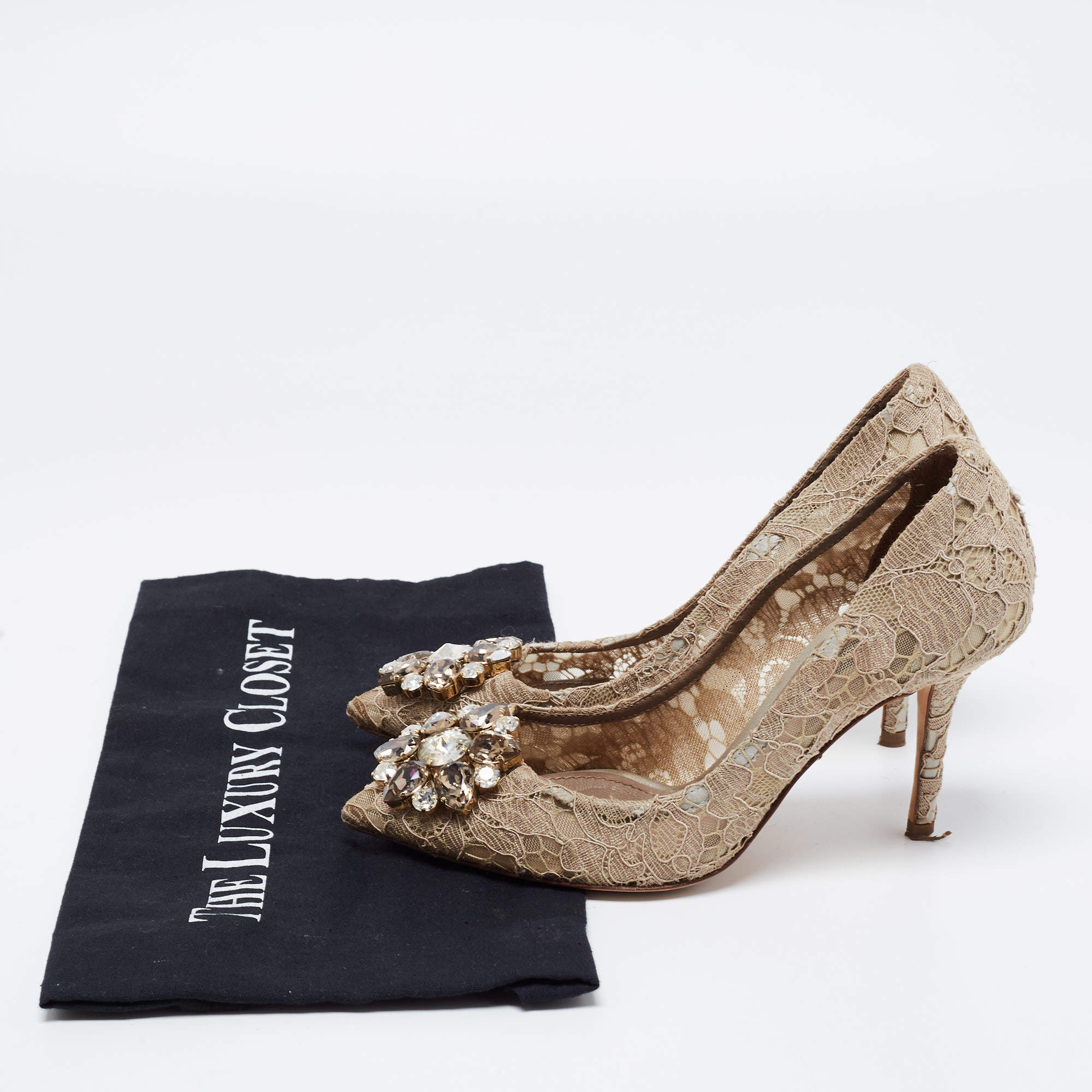 Pre Owned Dolce & Gabbana Taupe Lace Crystal Embellished Bellucci Pumps Size 35.5