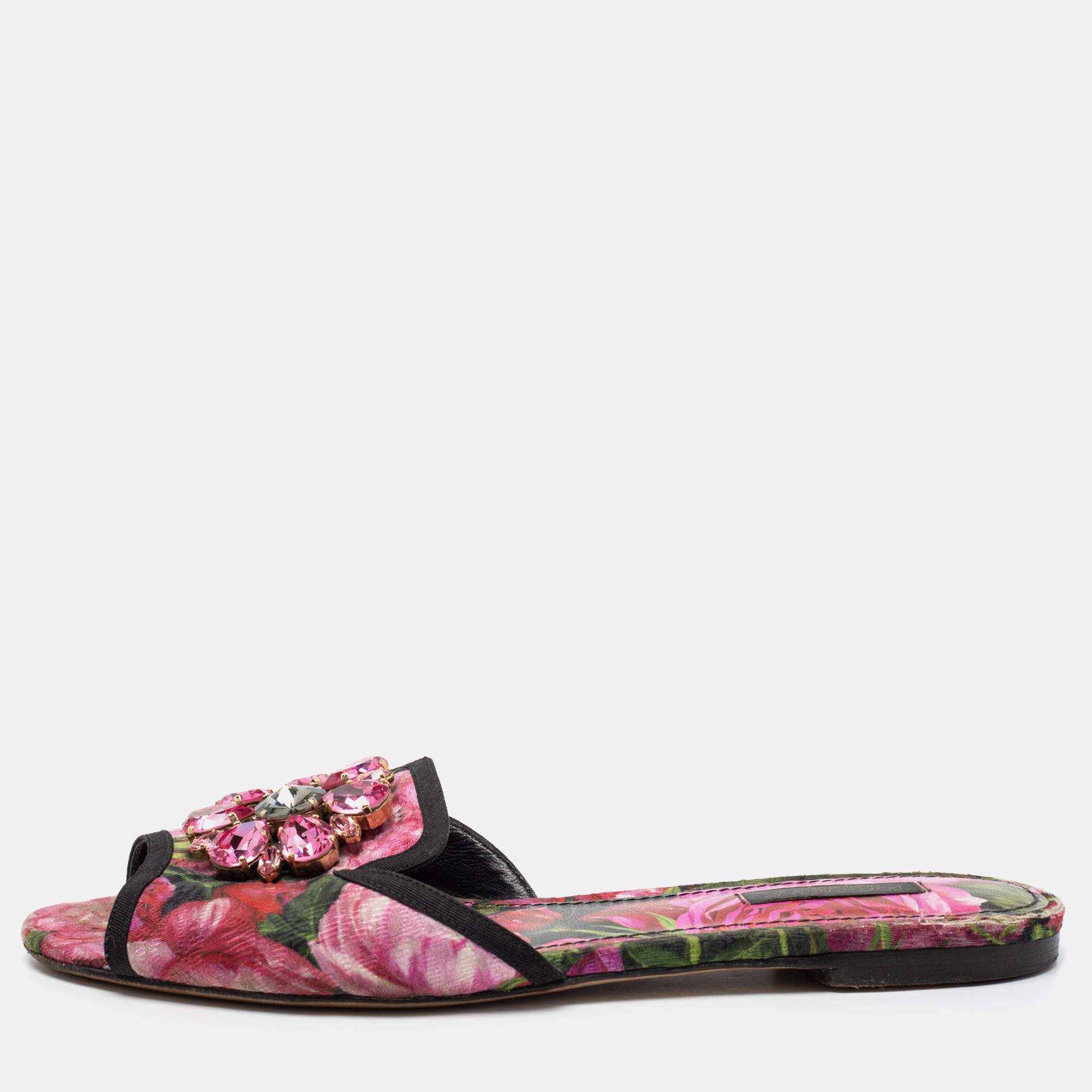 Pre Owned Dolce & Gabbana Pink Printed Canvas Crystal Embellished Bianca Flat Slides Size 38.5