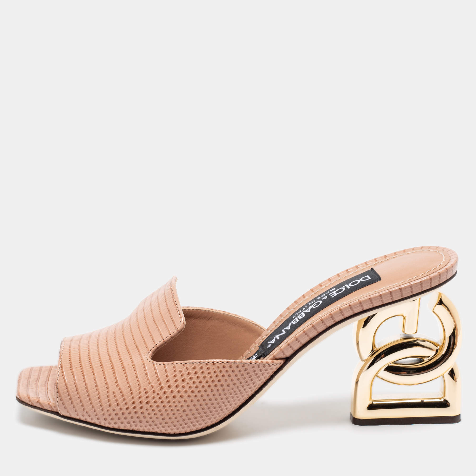 Pre Owned Dolce & Gabbana Beige Lizard Embossed Leather DG Heel Slide Sandals Size 36