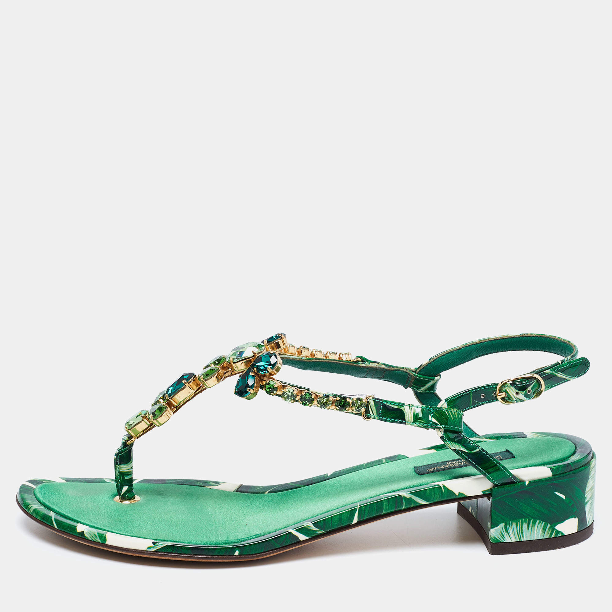 Dolce & Gabbana Green Leaf Printed Patent Leather Crystal Embellished Ankle Strap Sandals Size 38.5