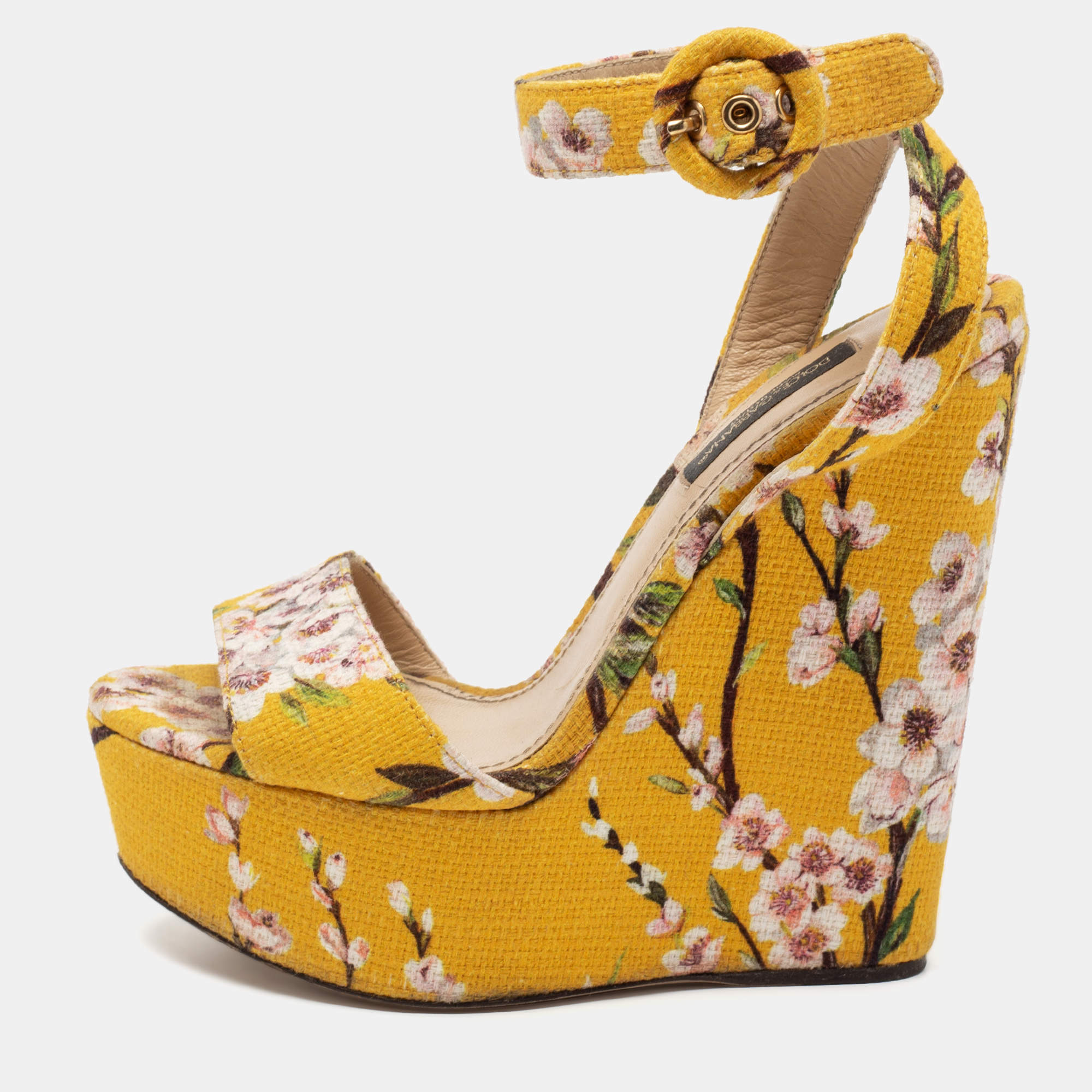 Pre Owned Dolce & Gabbana Yellow Fabric Floral Print Wedge Sandals Size 36