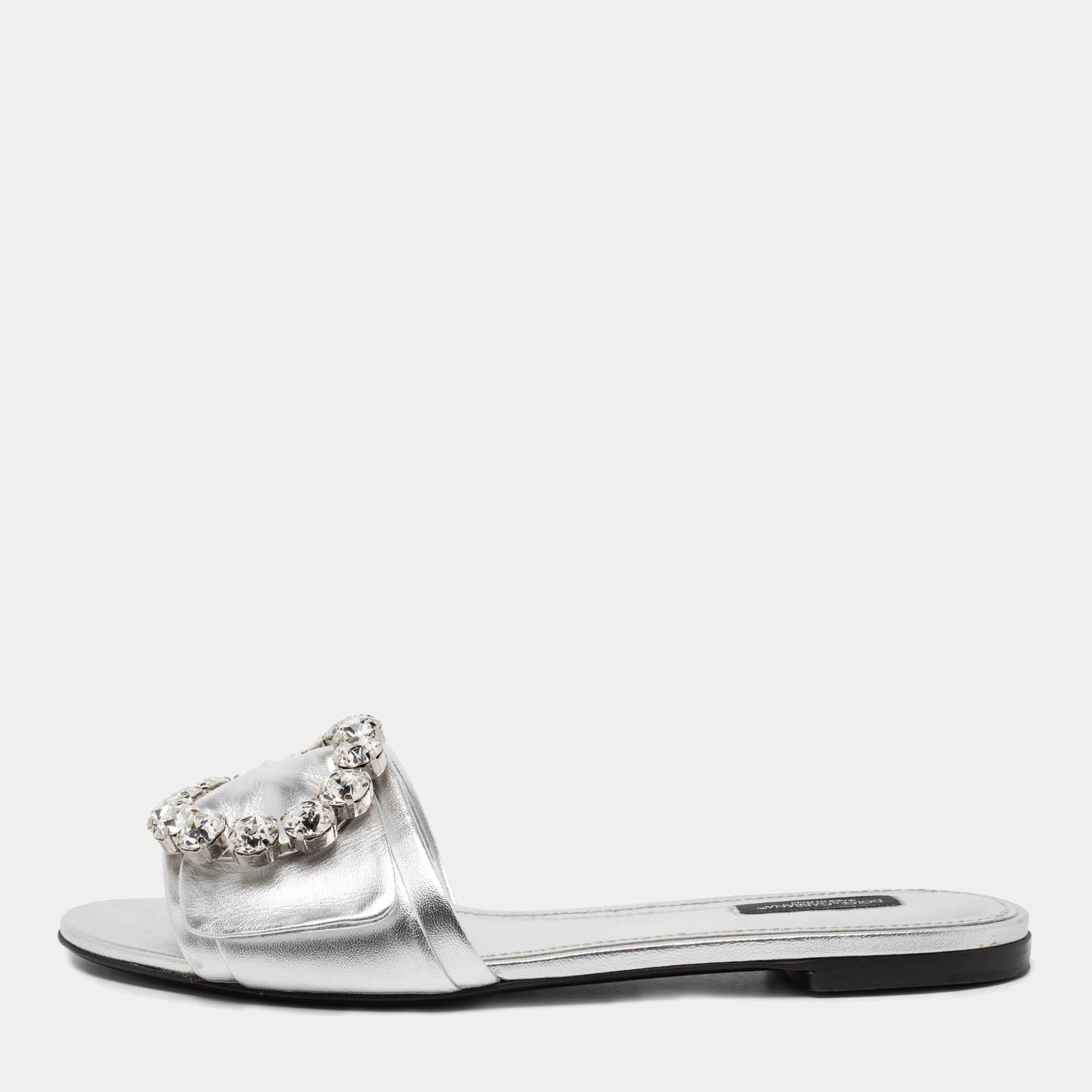 Pre Owned Dolce & Gabbana Silver Leather Jewelled Embellished Flat Slides Size 39
