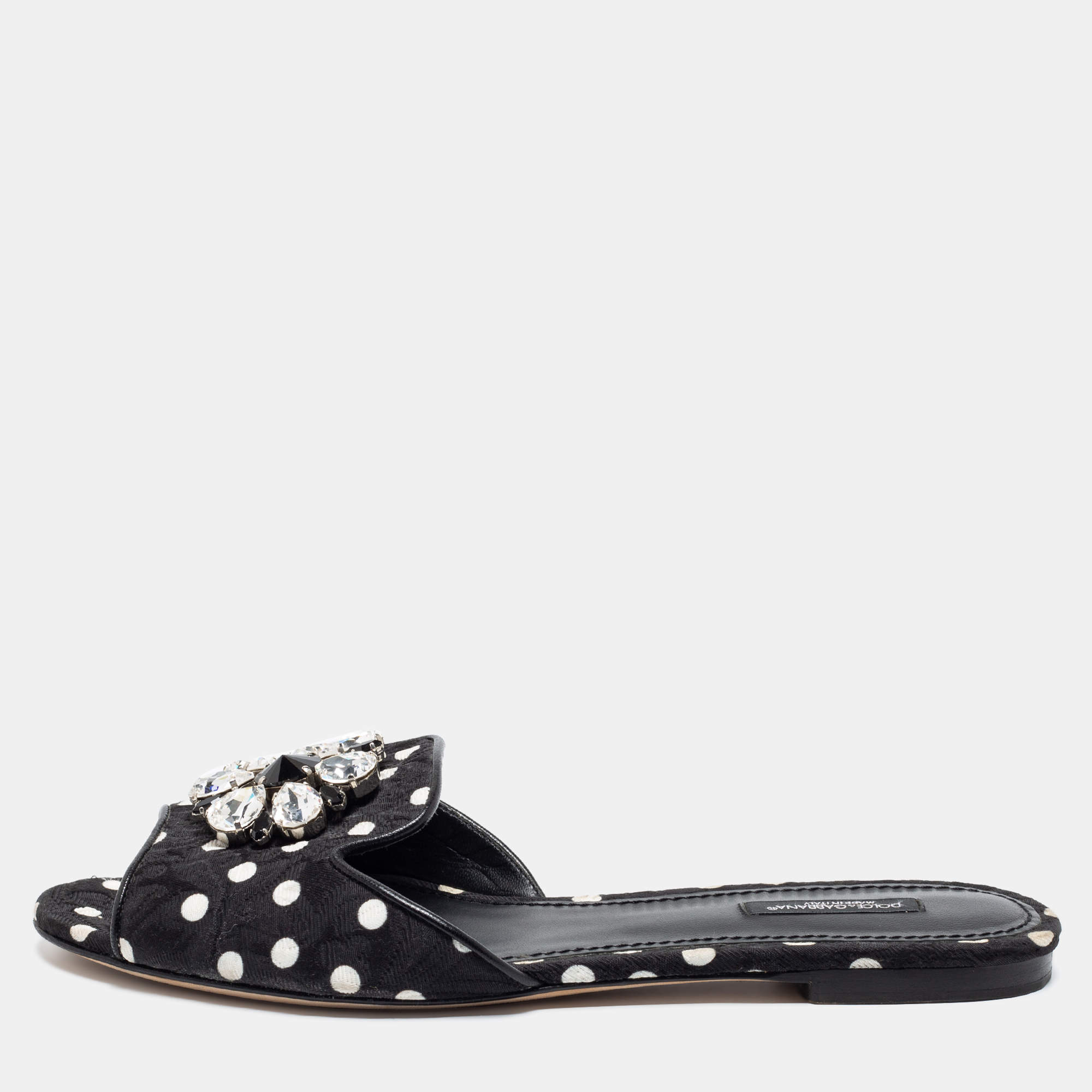 Pre Owned Dolce & Gabbana Black/White Polka Dot Fabric Crystal Embellished Bianca Flat Slide Sandals Size 40