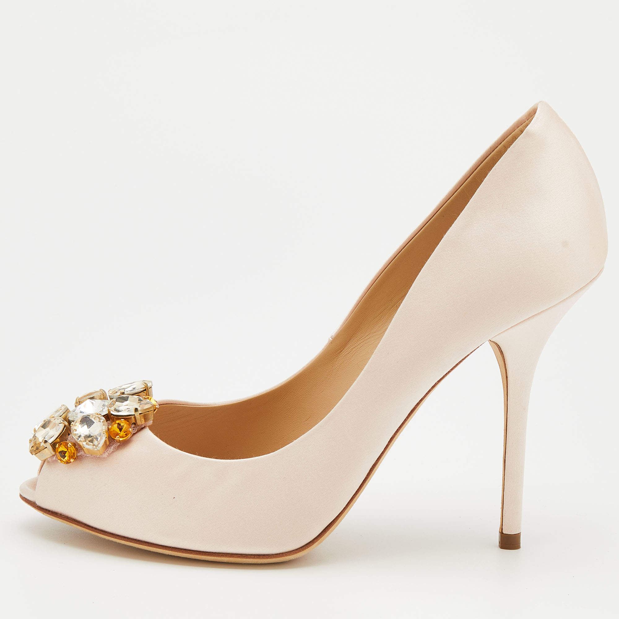 Pre Owned Dolce & Gabbana Light Pink Satin Crystal Embellished Peep Toe Pumps Size 39