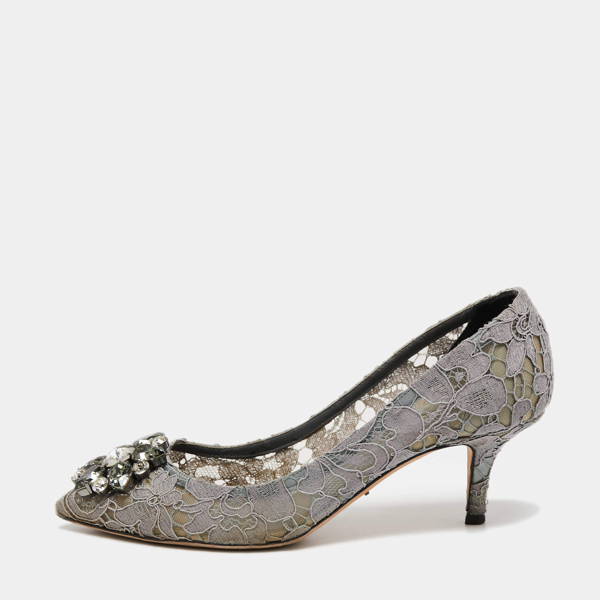 Pre Owned Dolce & Gabbana Grey Lace Bellucci Pumps Size 35.5