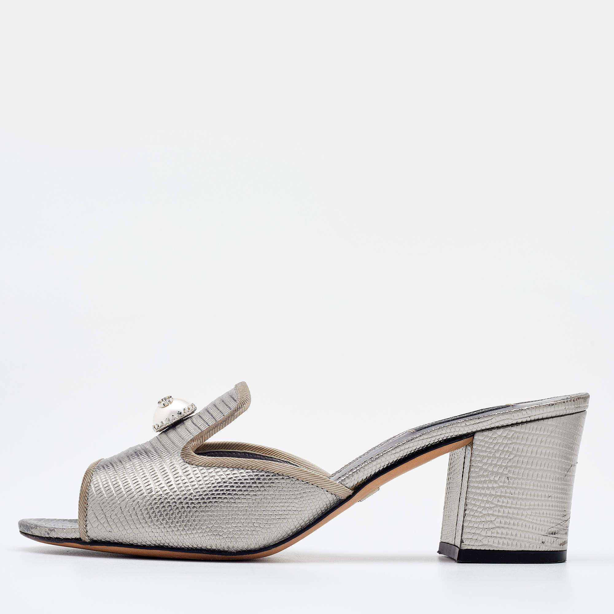 Pre Owned Dolce & Gabbana Silver Lizard Embossed Leather Block Heel Slide Sandals Size 39.5