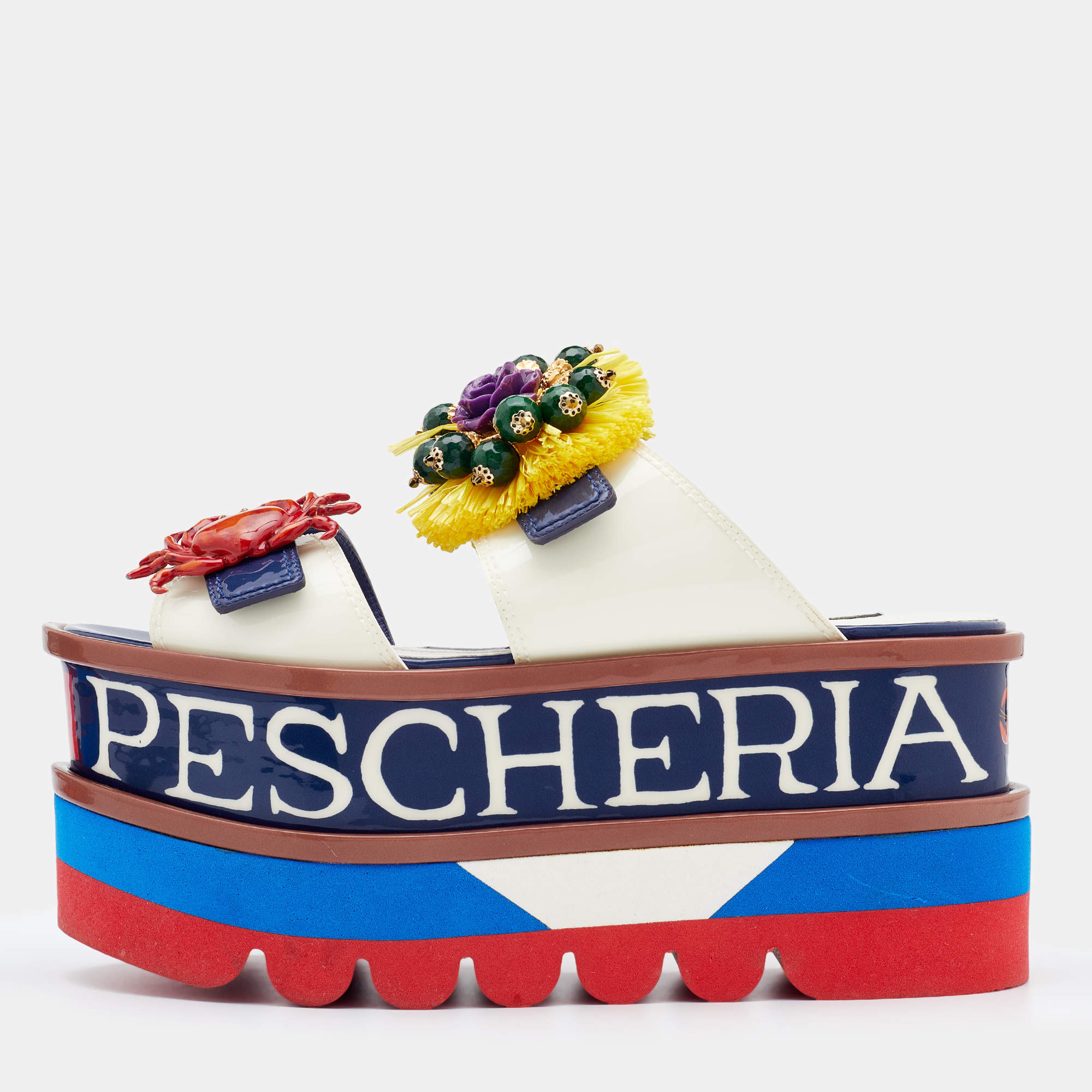 Pre Owned Dolce & Gabbana Blue/Cream Patent Leather Embellished Double Platform Wedge Sandals Size 38