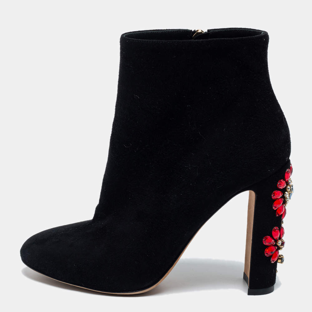 Pre Owned Dolce & Gabbana Black Suede Jewel Heel Ankle Boots Size 37