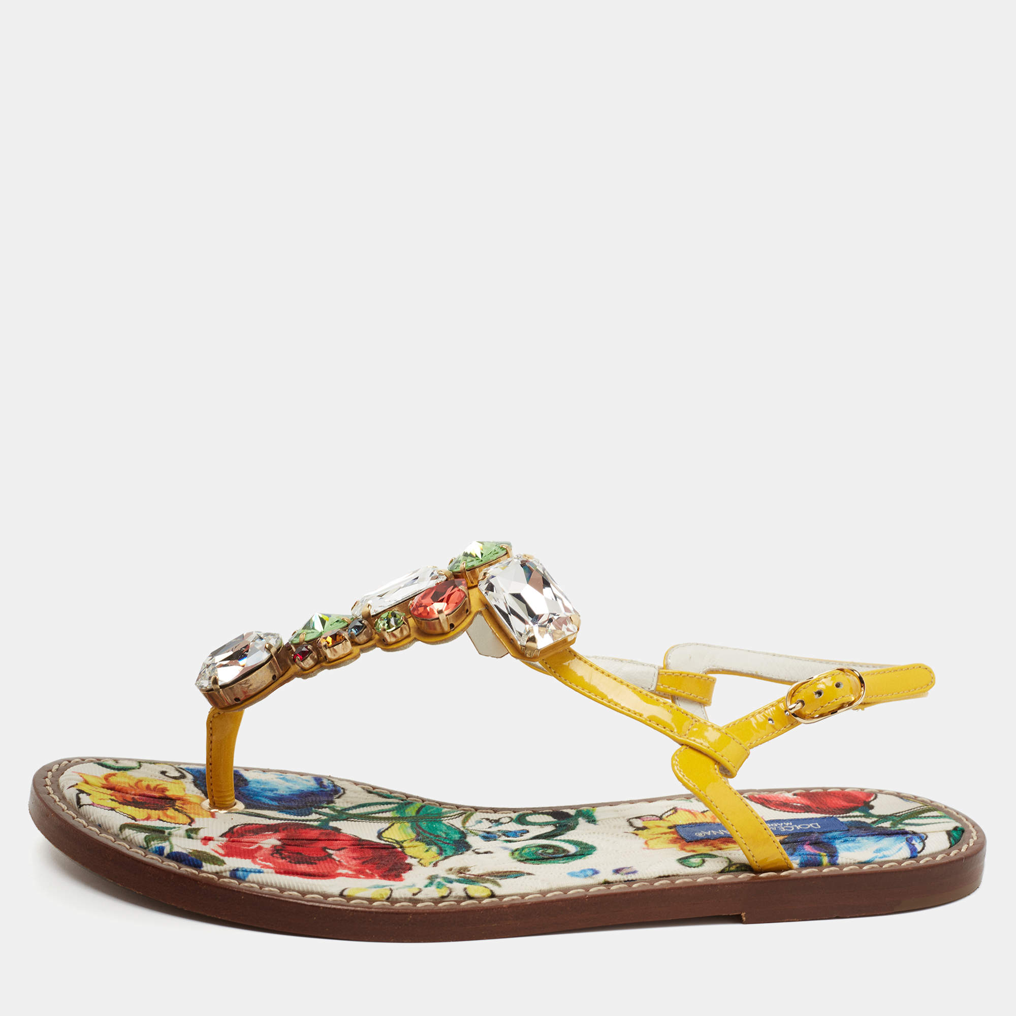 Dolce & Gabbana Multicolor Patent Crystal Embellished Thong Strap Flat Sandals Size 37