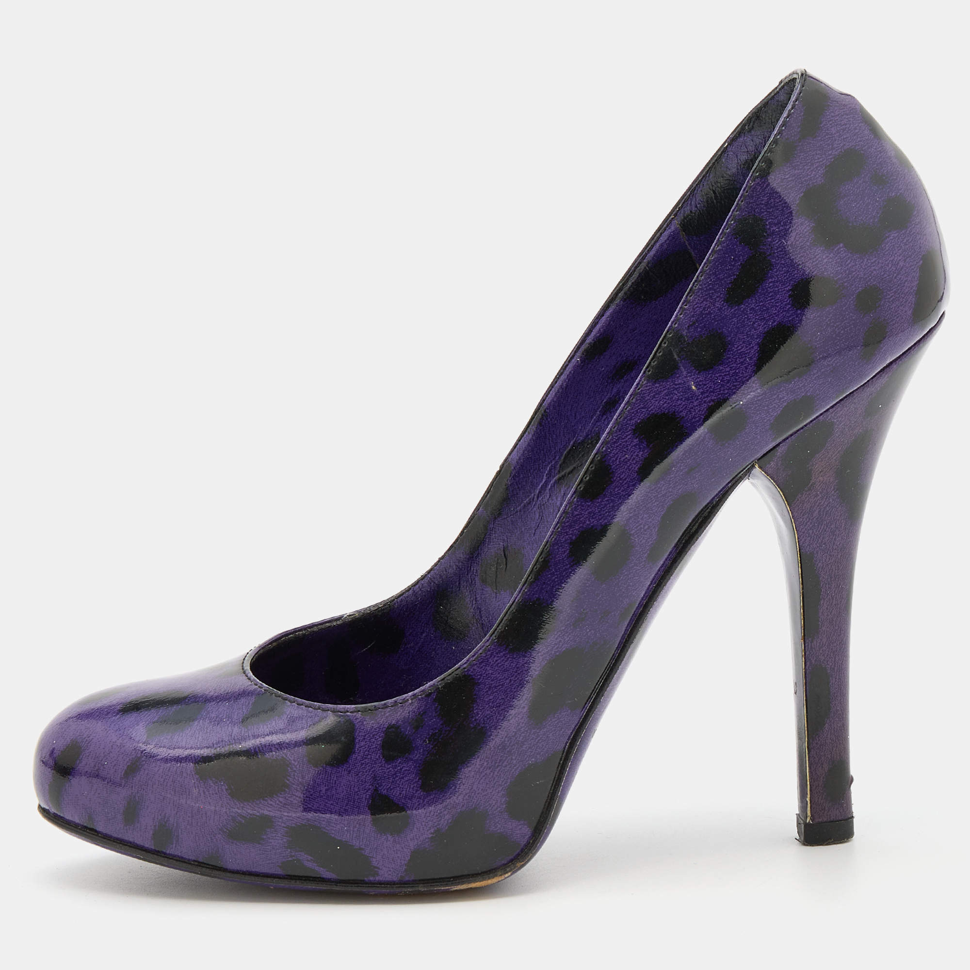 Dolce & Gabbana Purple/Black Leopard Print Patent Leather Platform Pumps Size 37