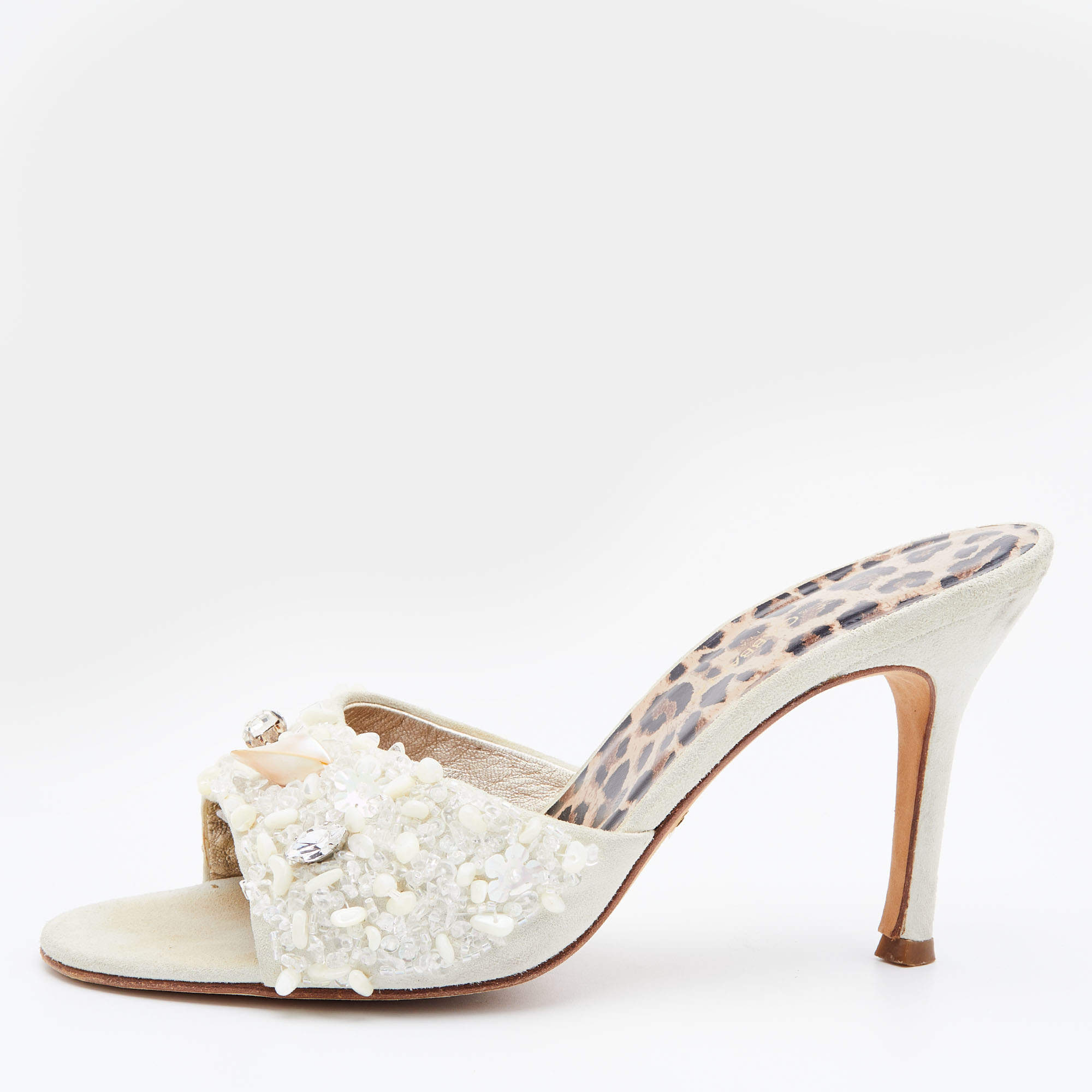 Pre Owned Dolce & Gabbana White Embellished Suede Slide Sandals Size 38