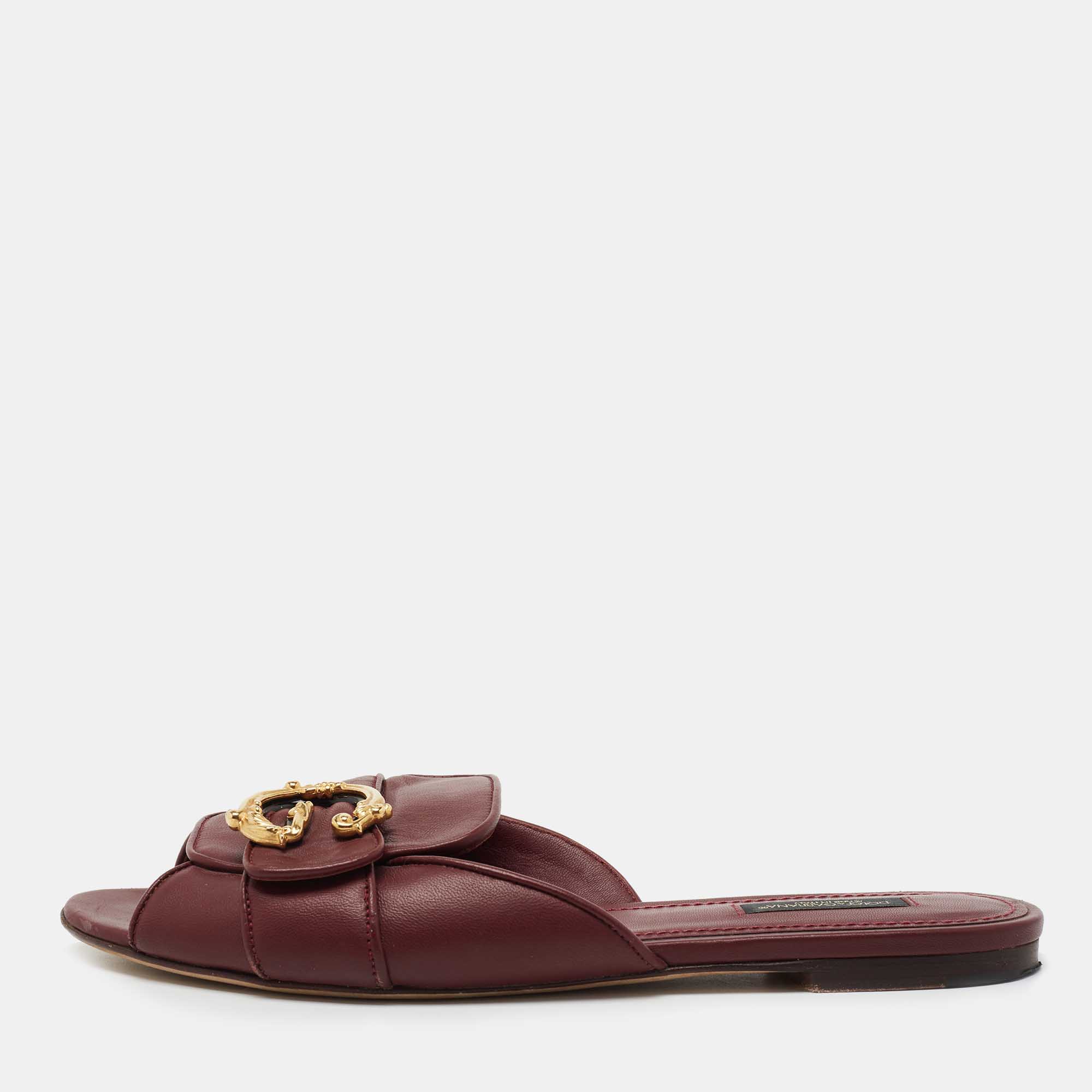 Pre Owned Dolce & Gabbana Burgundy Leather Slide Sandals Size 39