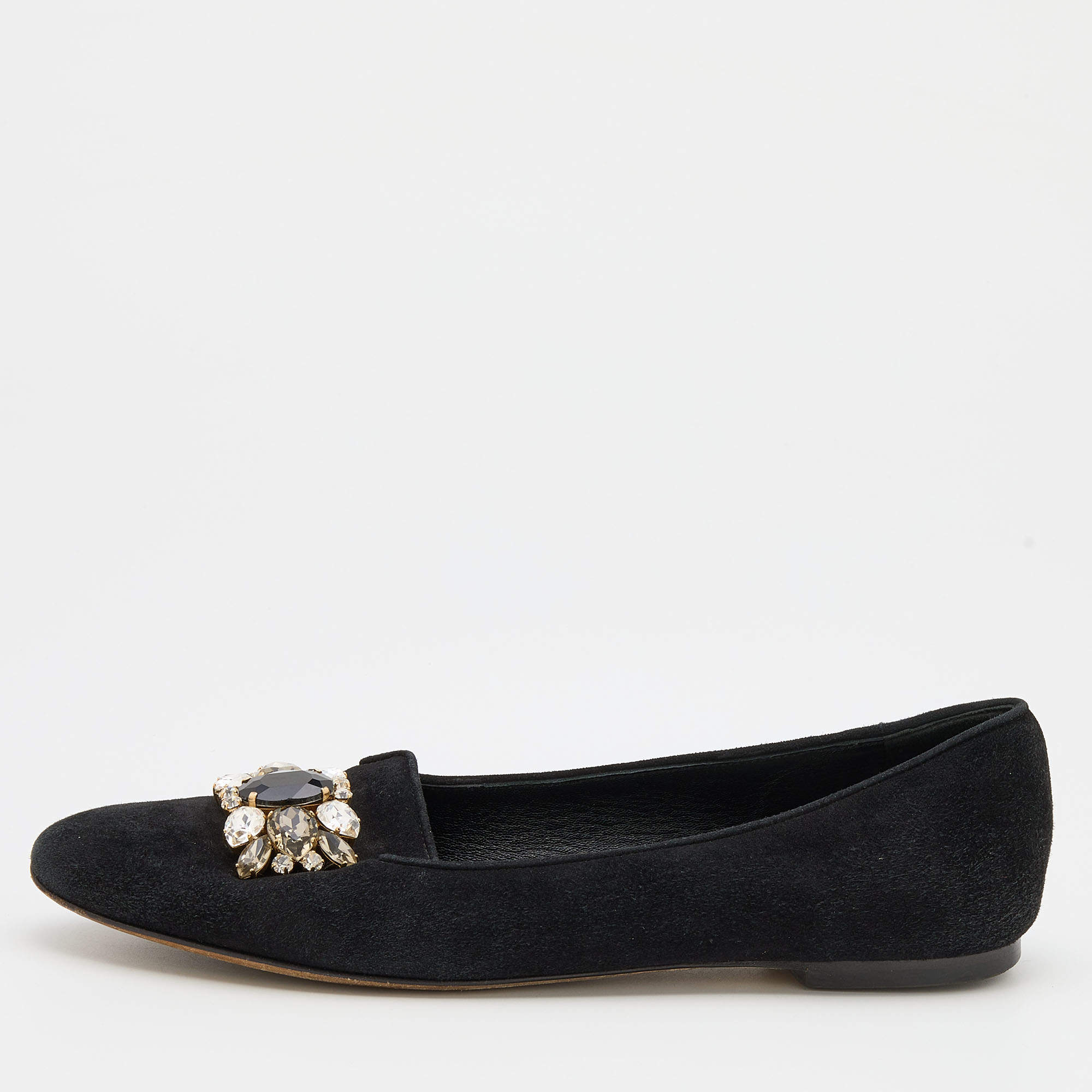 Pre Owned Dolce & Gabbana Black Suede Crystal Embellished Audrey Smoking Slippers Size 38.5