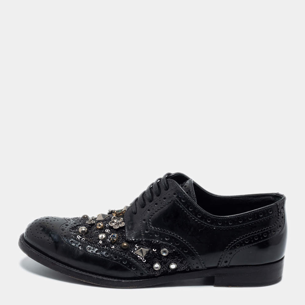 Dolce & Gabbana Black Brogue Leather Studded Embellished Lace Oxfords Size 36.5