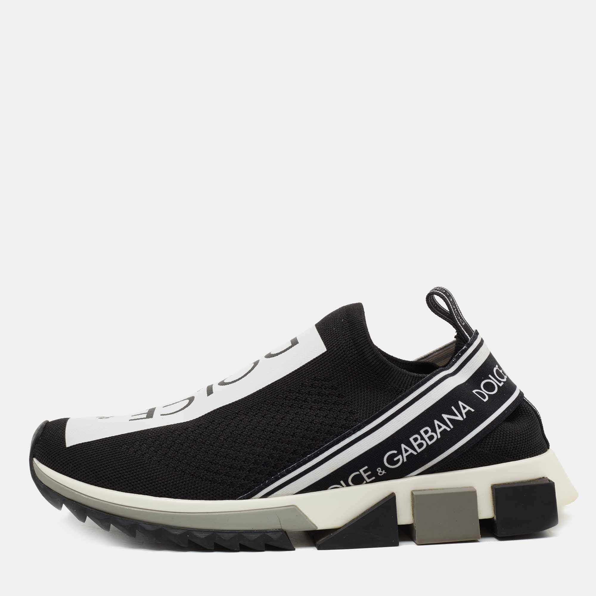 Pre Owned Dolce & Gabbana Black/White Knit Fabric Sorrento Slip On Sneakers Size 41