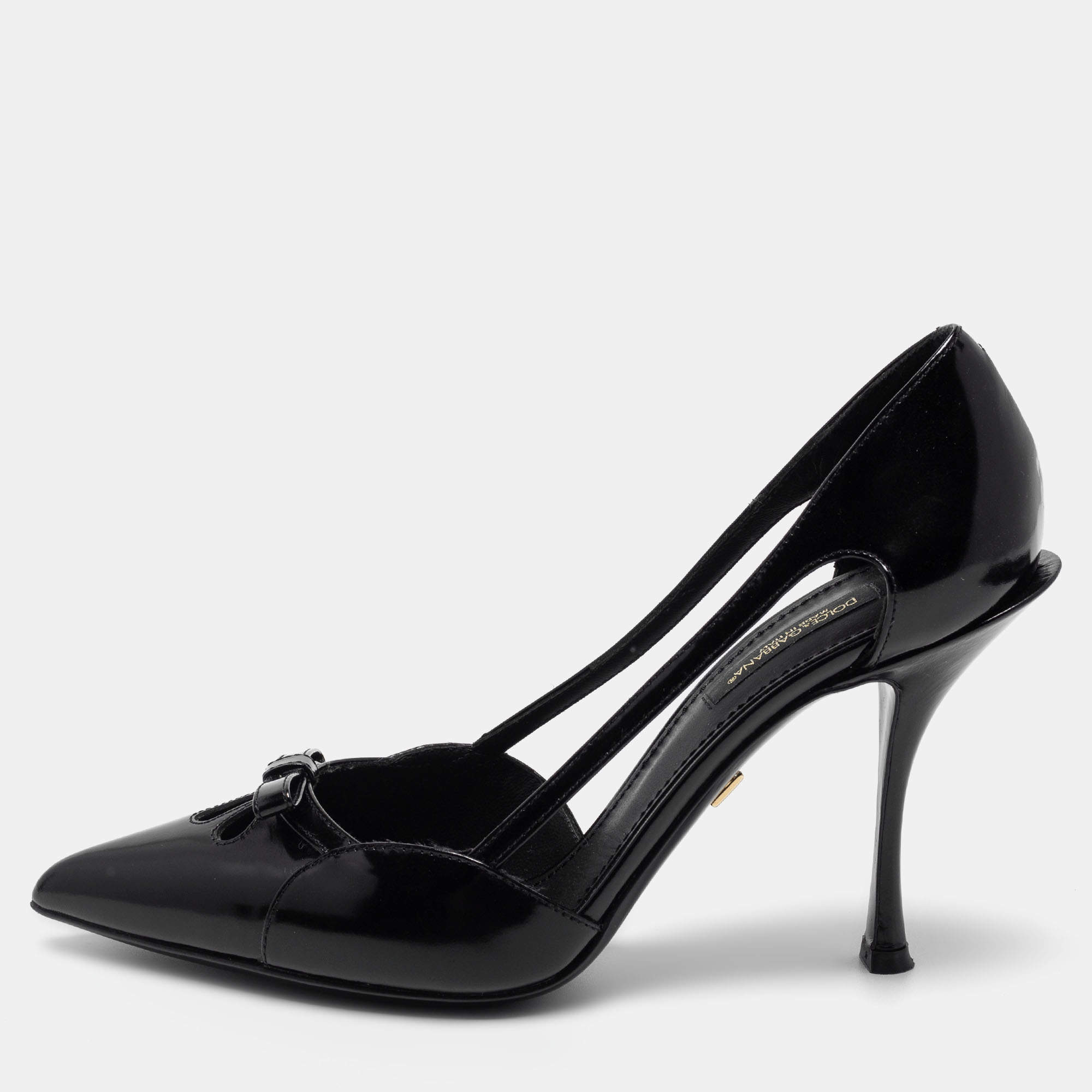 Pre Owned Dolce & Gabbana Black Patent Leather Cutout Bow  Pumps Size 37