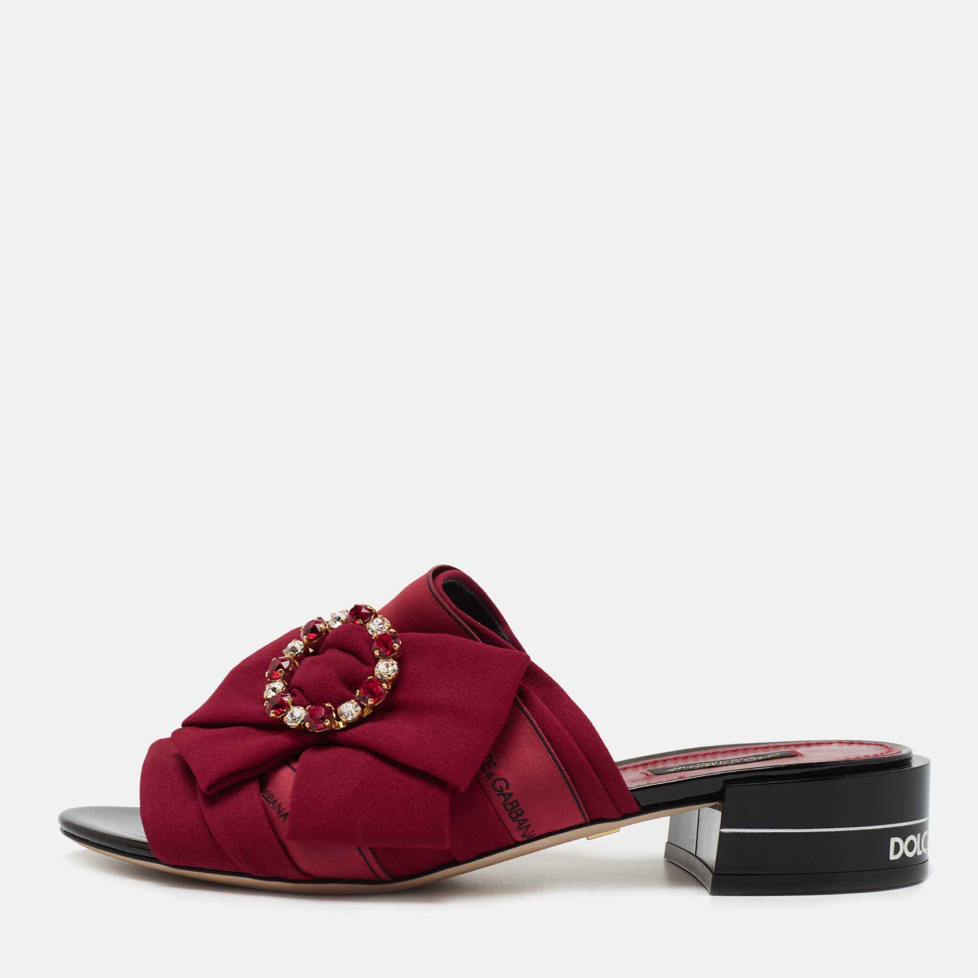 Pre Owned Dolce & Gabbana Burgundy Fabric Crystal Embellished Bow Slide Sandals Size 39.5