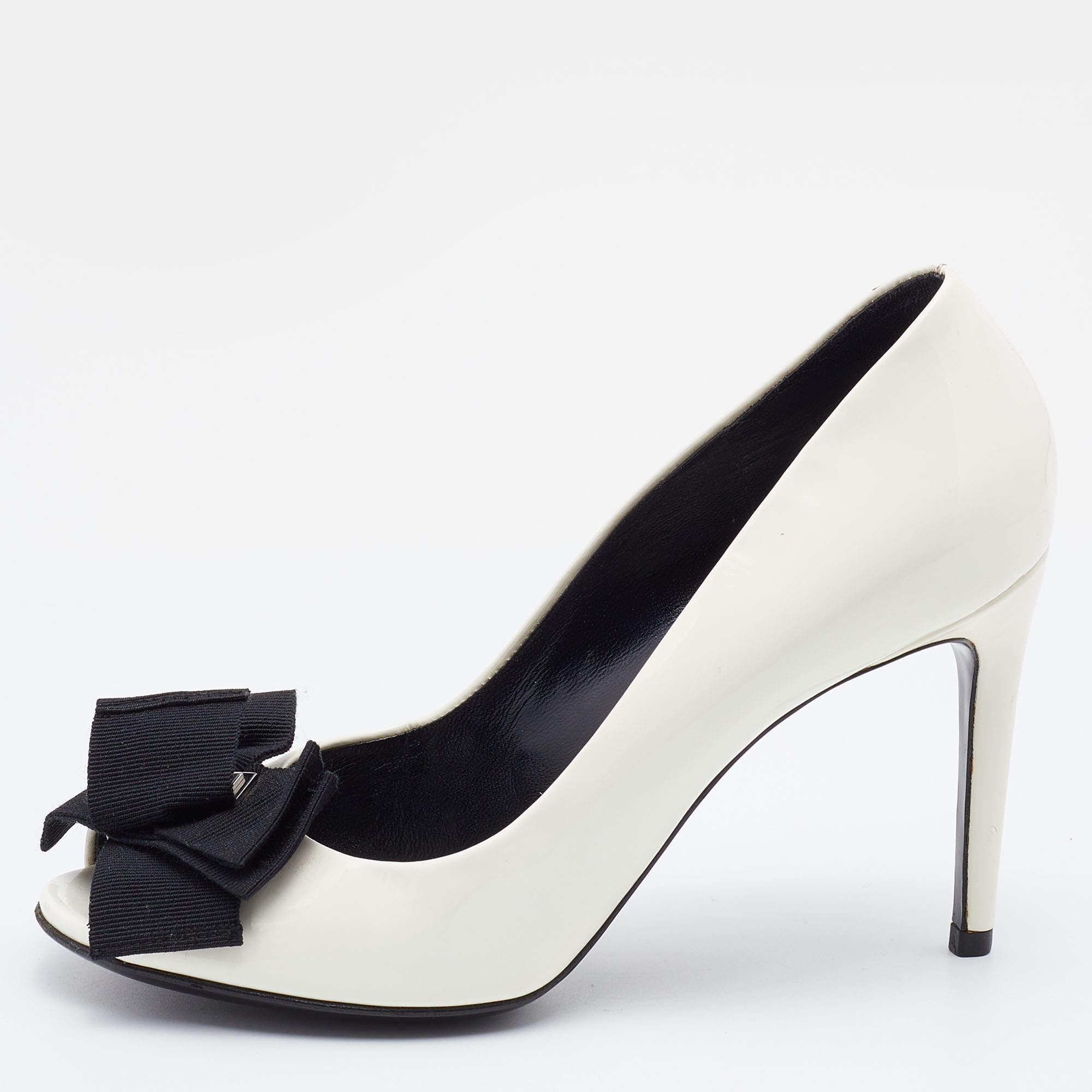 Pre Owned Dolce & Gabbana White Patent Leather Bow Peep Toe Pumps Size 36