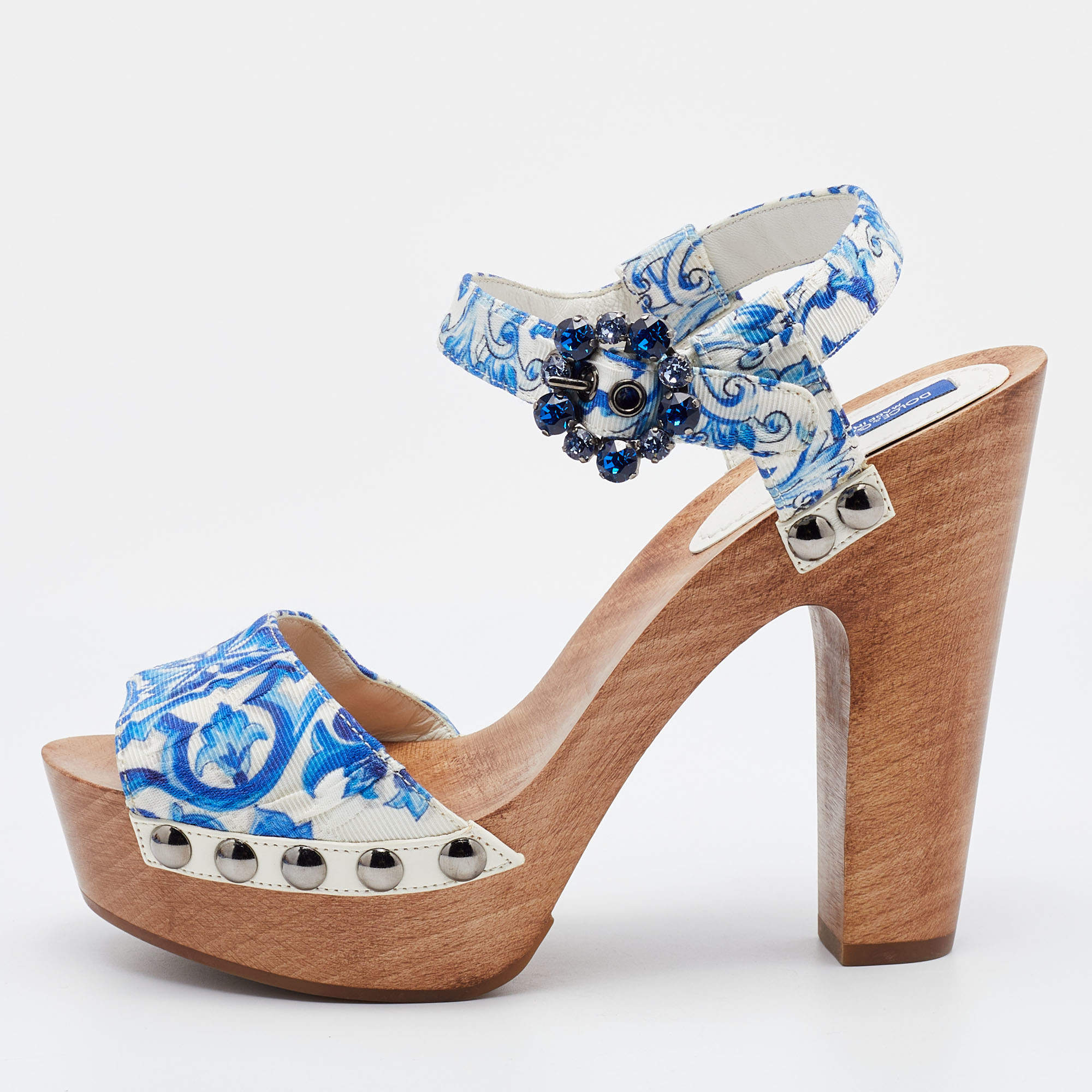 Pre Owned Dolce & Gabbana Blue/White Floral Print Jacquard Platform Ankle Strap Sandals Size 37.5