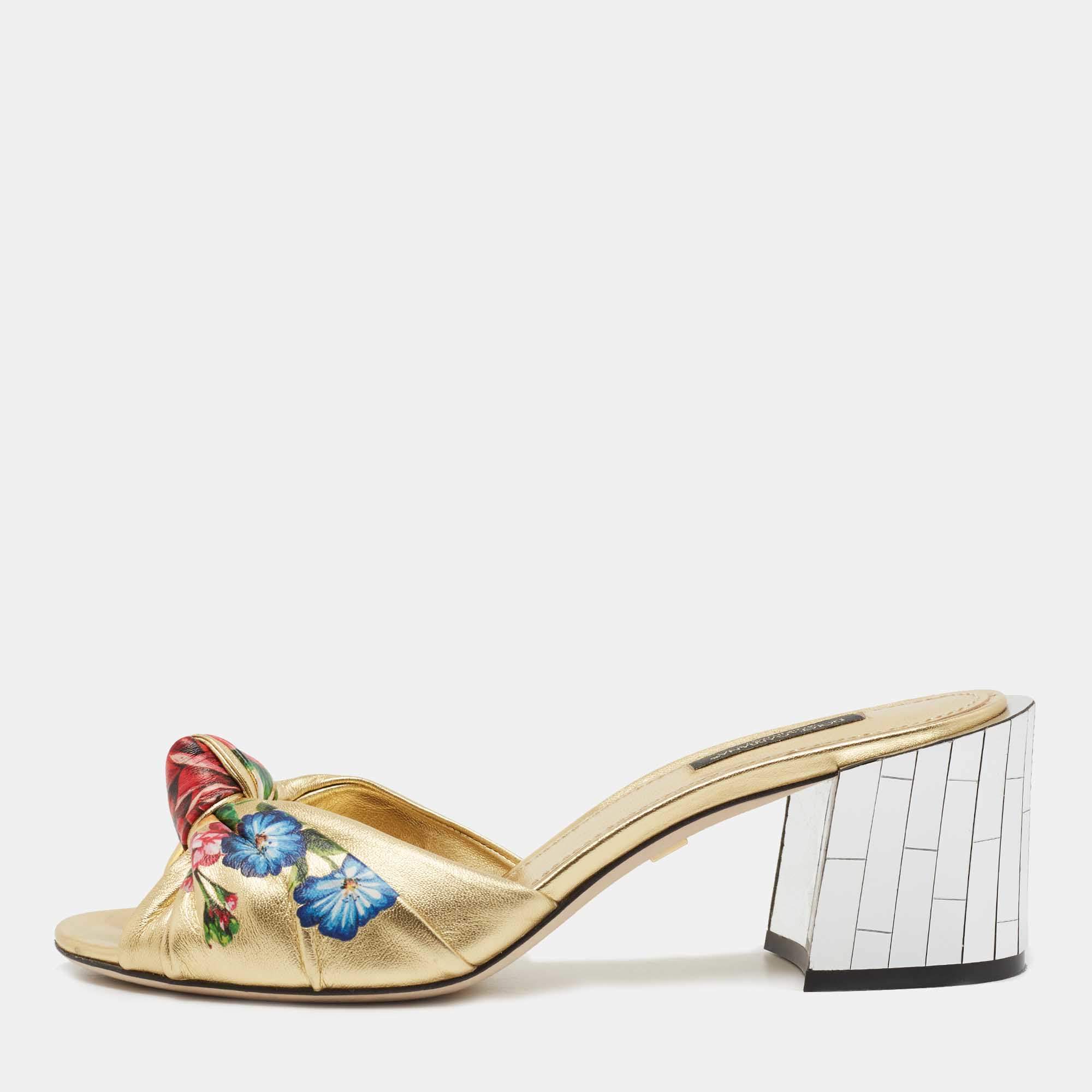 Pre Owned Dolce & Gabbana Gold Leather Knot Detail Mirrored Heel Slide Sandals Size 38
