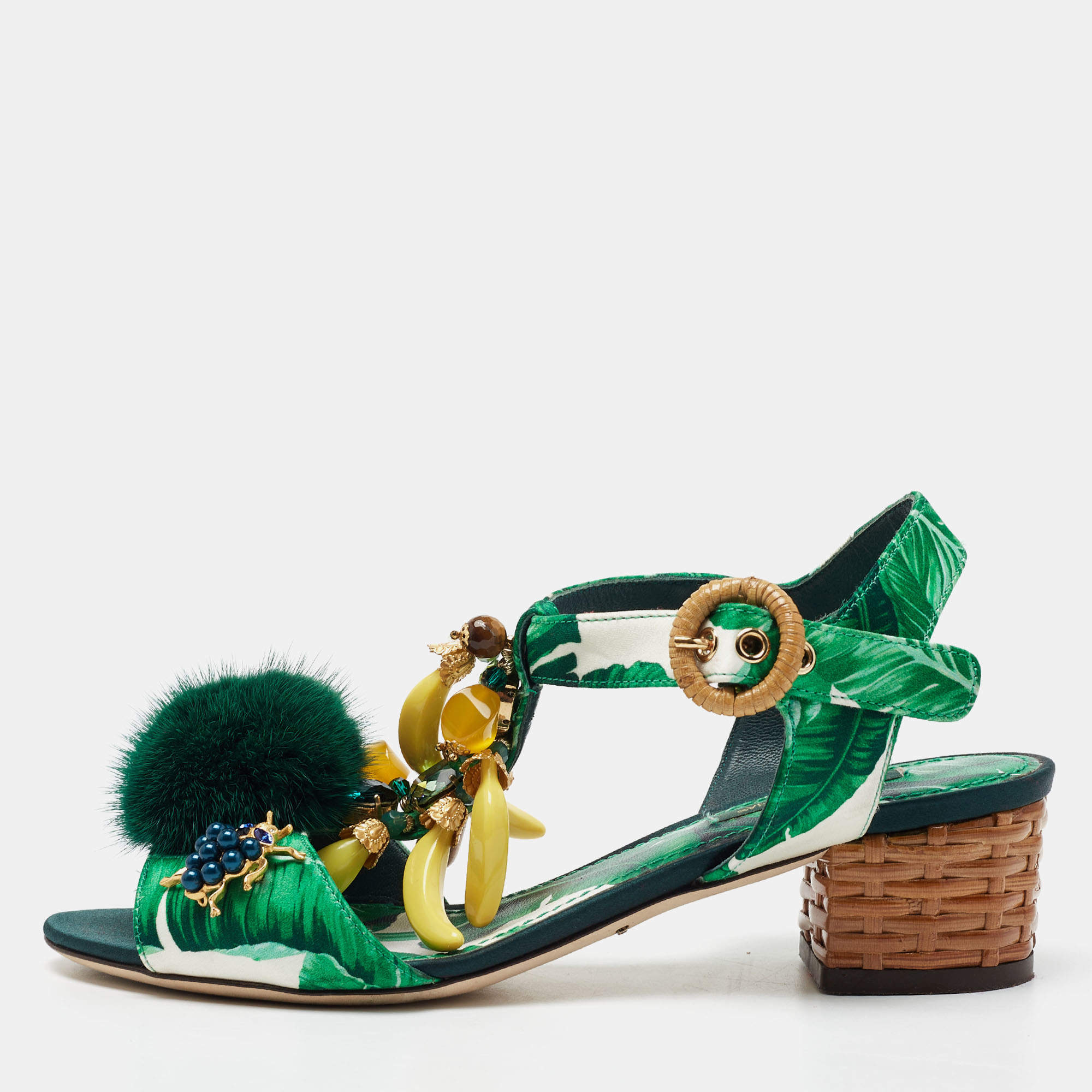 Pre Owned Dolce & Gabbana Green Printed Satin Banana Embellished T-Strap Sandals Size 36